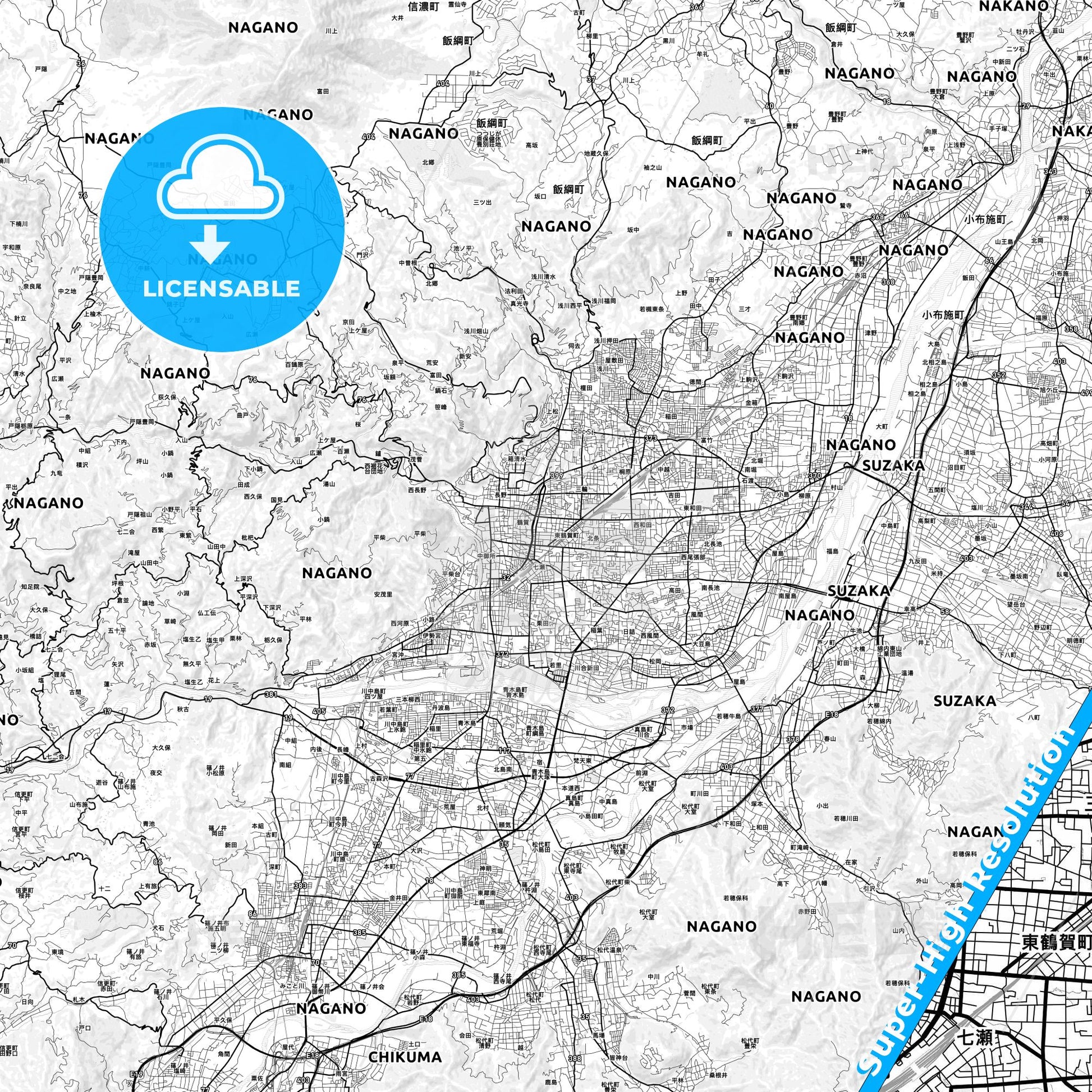 Nagano, Japan light map with streetnames, citynames and districts