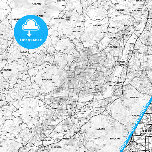 Nagano, Japan light map with streetnames, citynames and districts