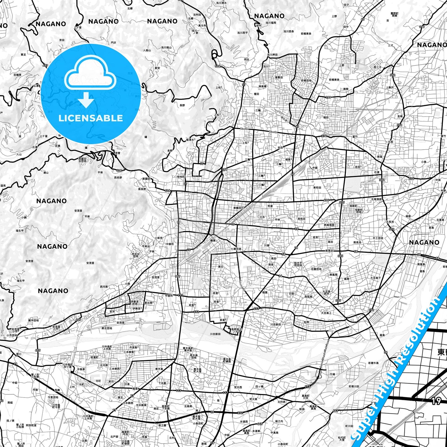 Nagano, Japan Light Map with Street Names, City Names, and Districts
