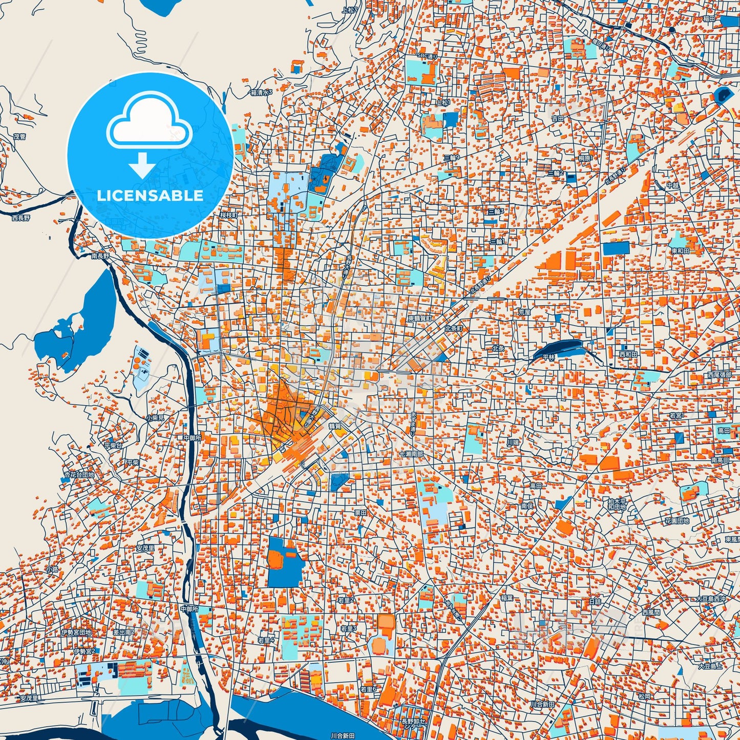 Colorful Nagano Street Map with Labels and Buildings