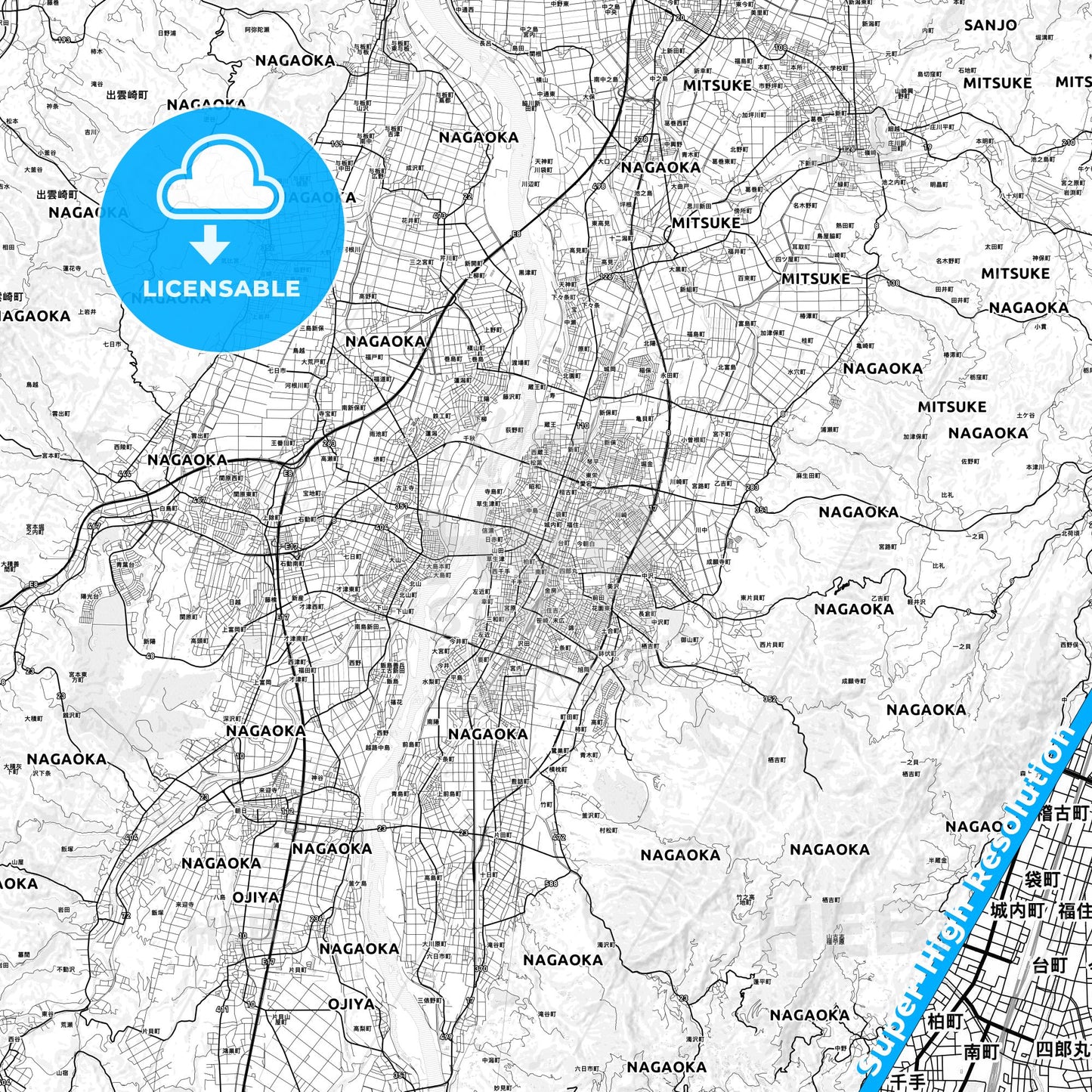 Nagaoka, Japan light map with streetnames, citynames and districts