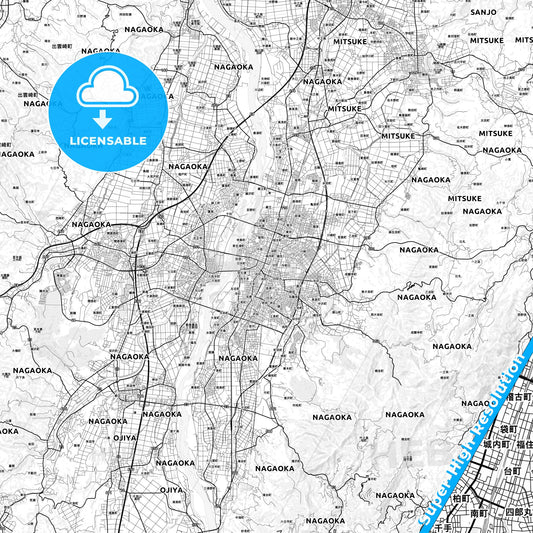 Nagaoka, Japan light map with streetnames, citynames and districts
