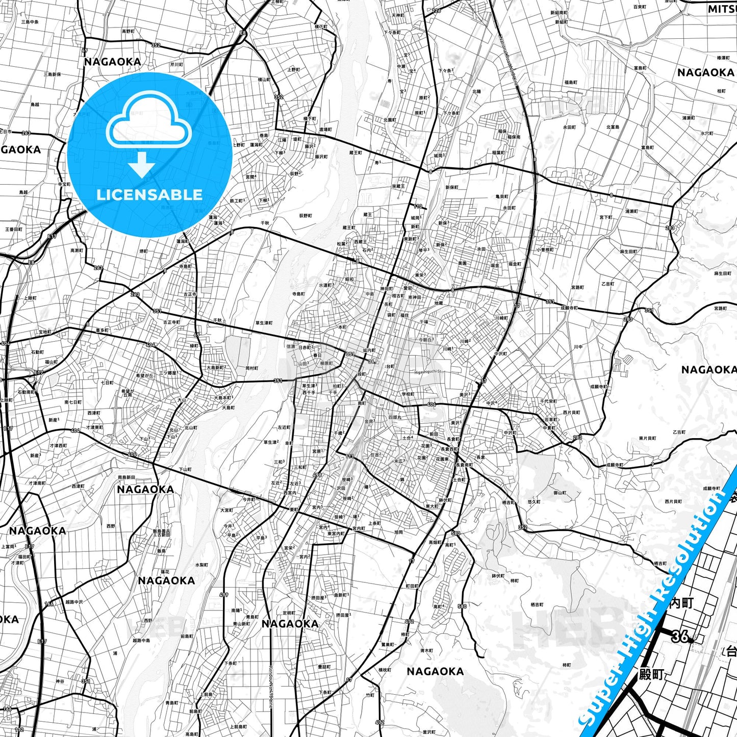 Nagaoka, Japan Light Map with Street Names, City Names, and Districts