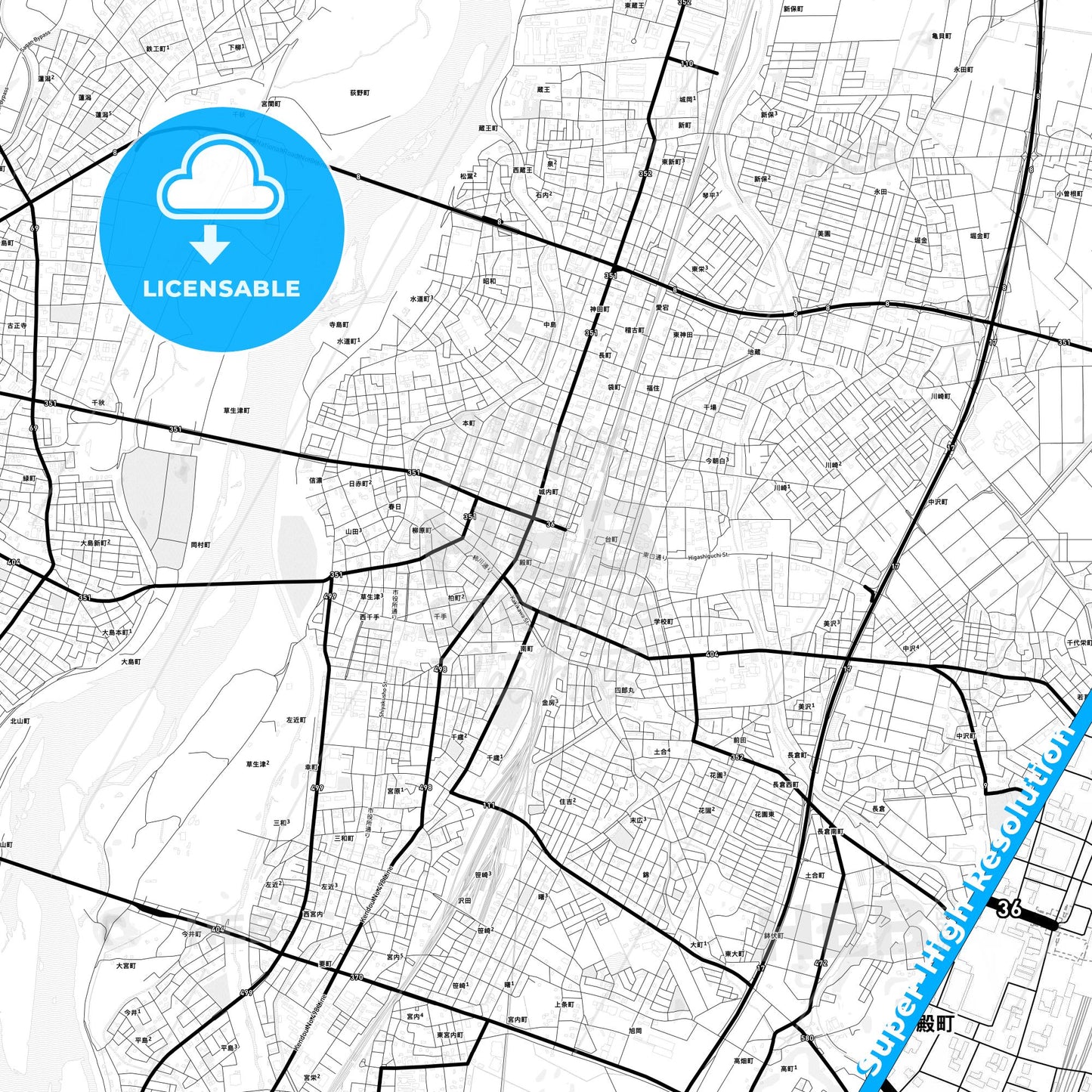 Nagaoka, Japan Light Map with Street Names, City Names, and Districts