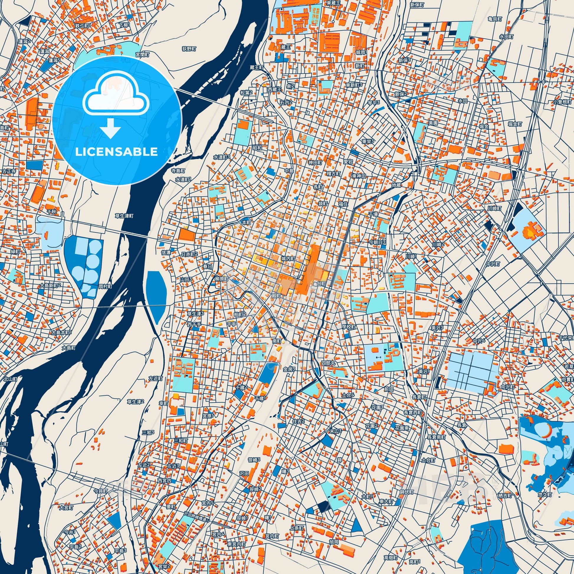 Colorful Nagaoka Street Map with Labels and Buildings