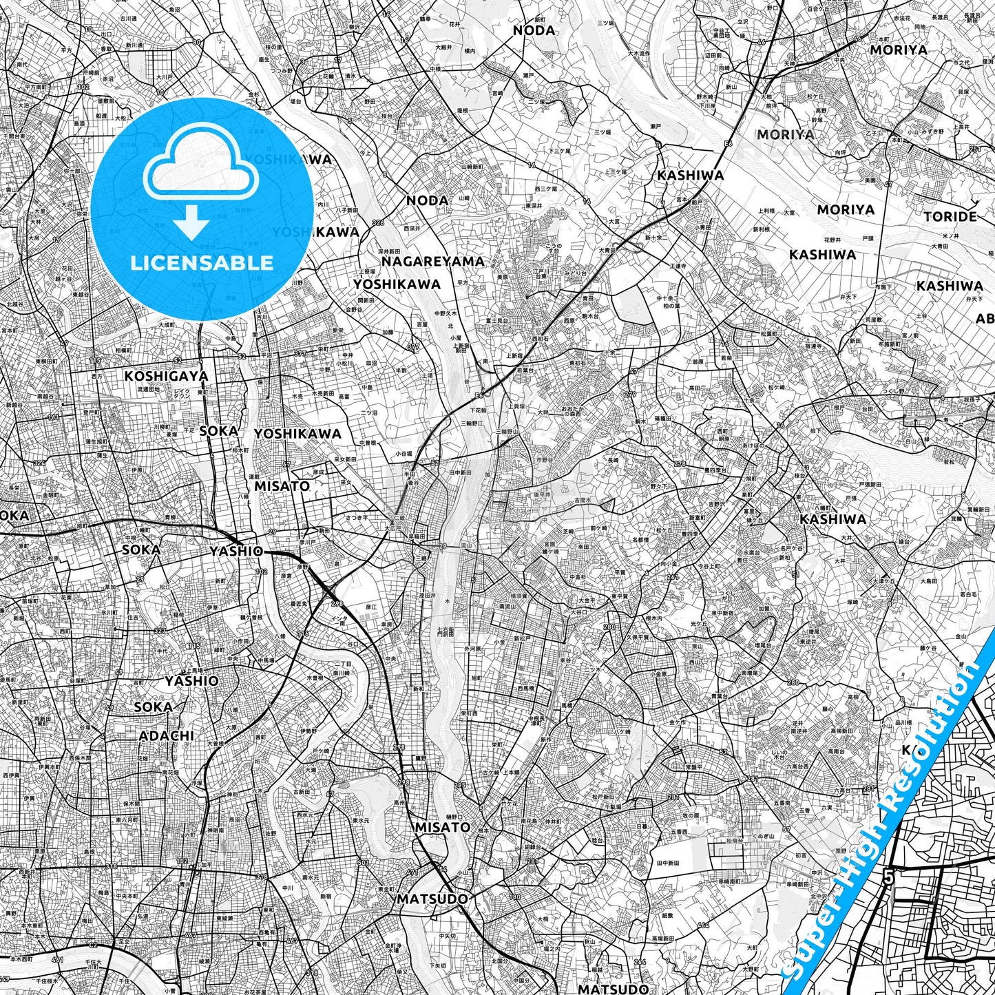 Nagareyama, Japan light map with streetnames, citynames and districts