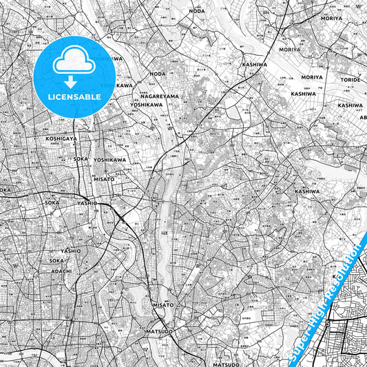 Nagareyama, Japan light map with streetnames, citynames and districts
