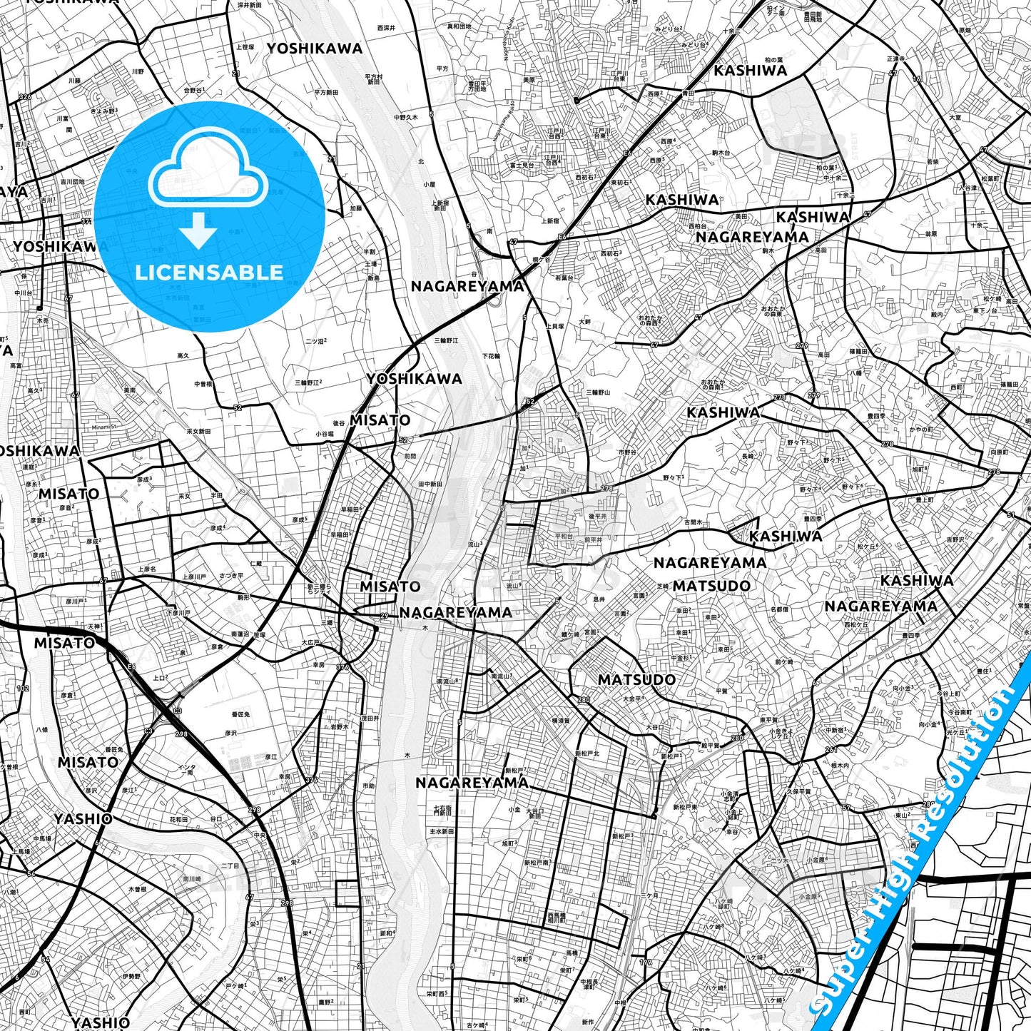 Nagareyama, Japan Light Map with Street Names, City Names, and Districts