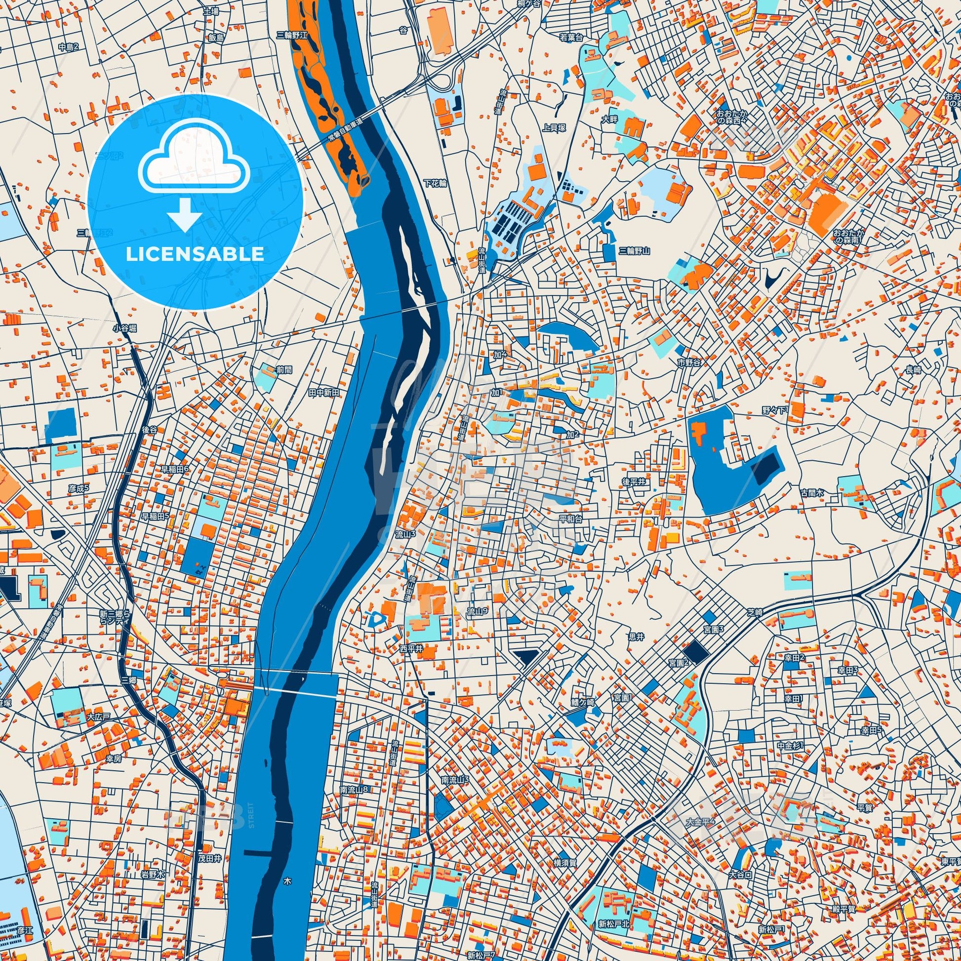 Colorful Nagareyama Street Map with Labels and Buildings
