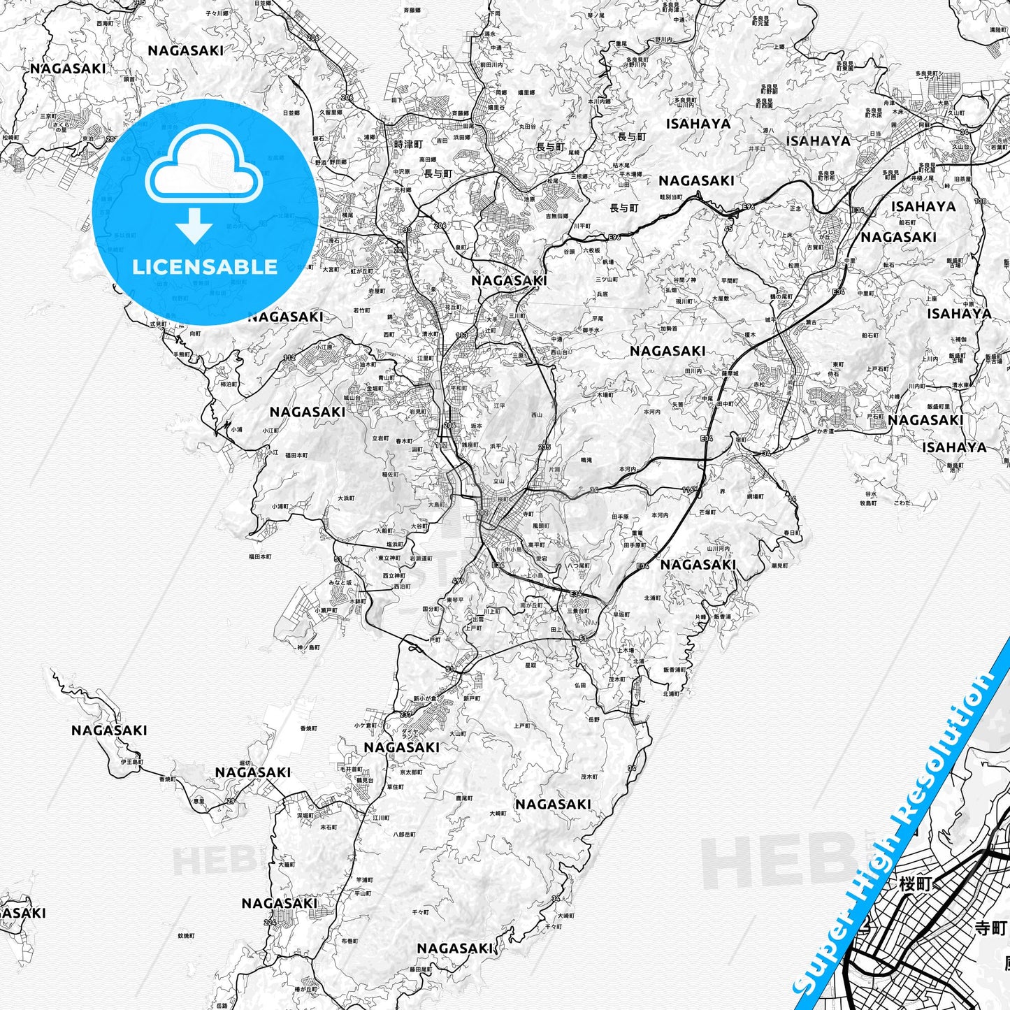 Nagasaki, Japan light map with streetnames, citynames and districts
