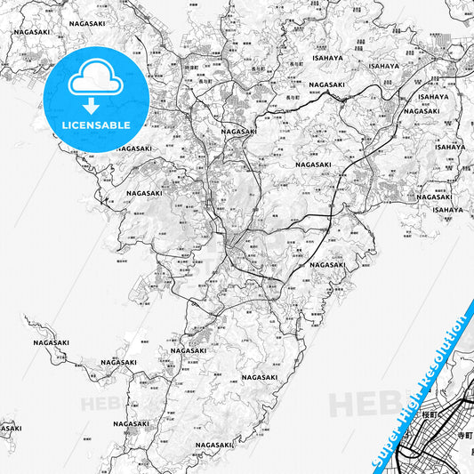 Nagasaki, Japan light map with streetnames, citynames and districts