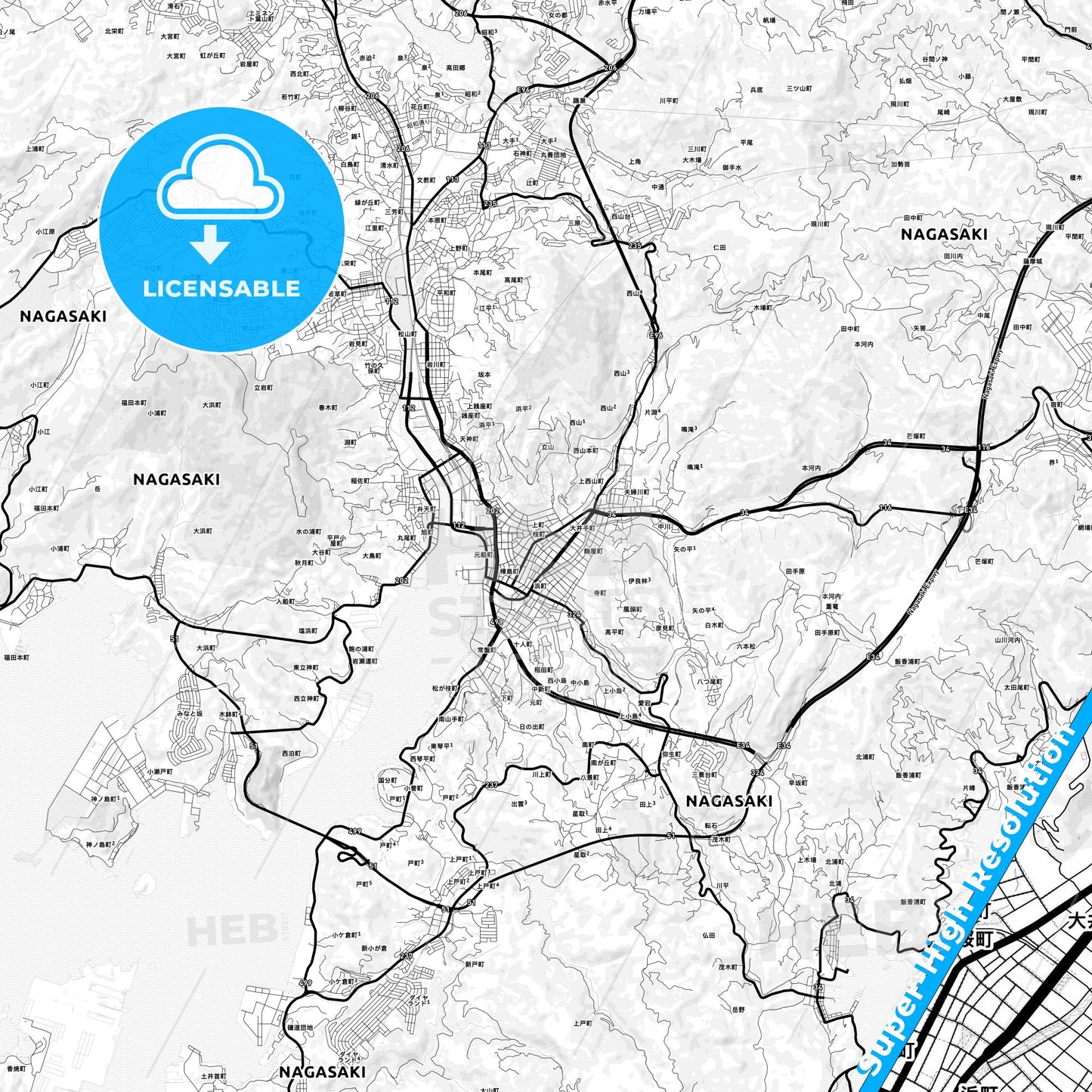 Nagasaki, Japan Light Map with Street Names, City Names, and Districts