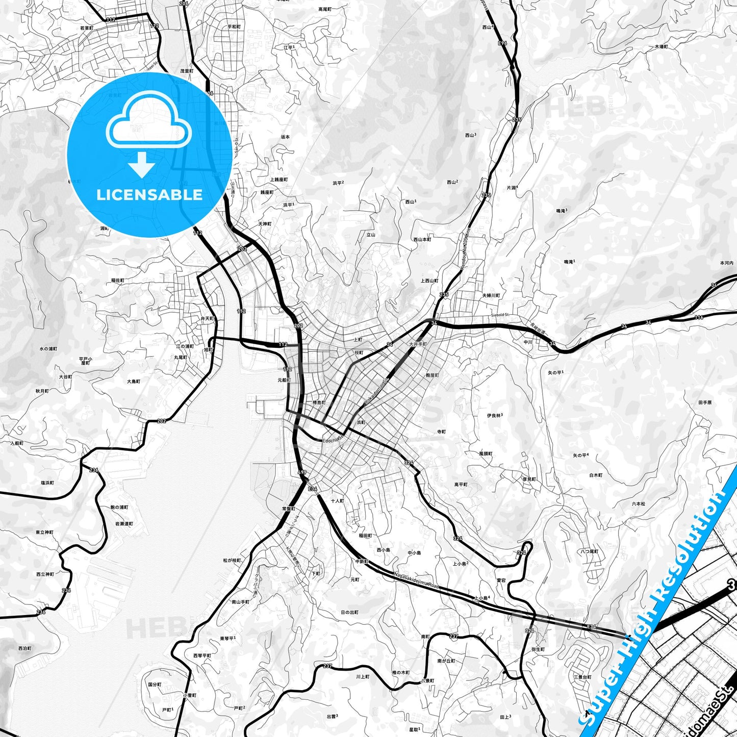 Nagasaki, Japan Light Map with Street Names, City Names, and Districts