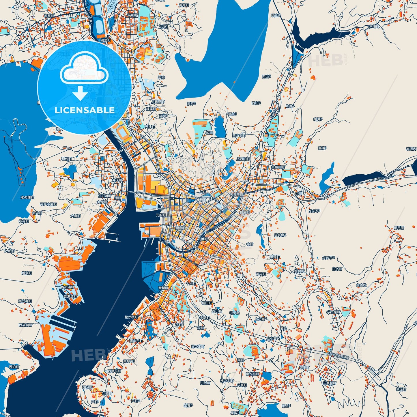 Colorful Nagasaki Street Map with Labels and Buildings