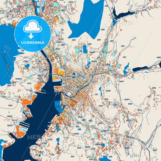 Colorful Nagasaki Street Map with Labels and Buildings