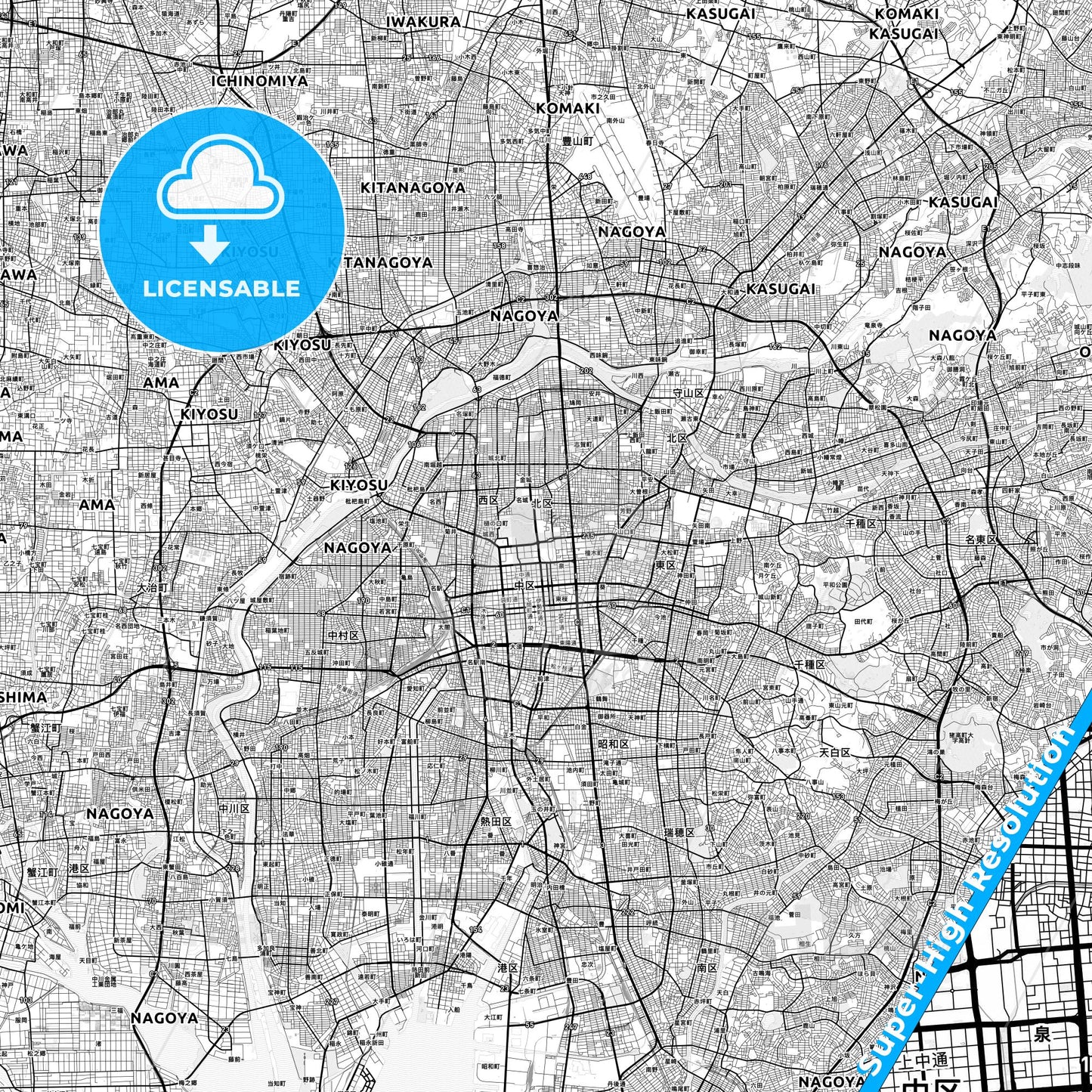 Nagoya, Japan light map with streetnames, citynames and districts