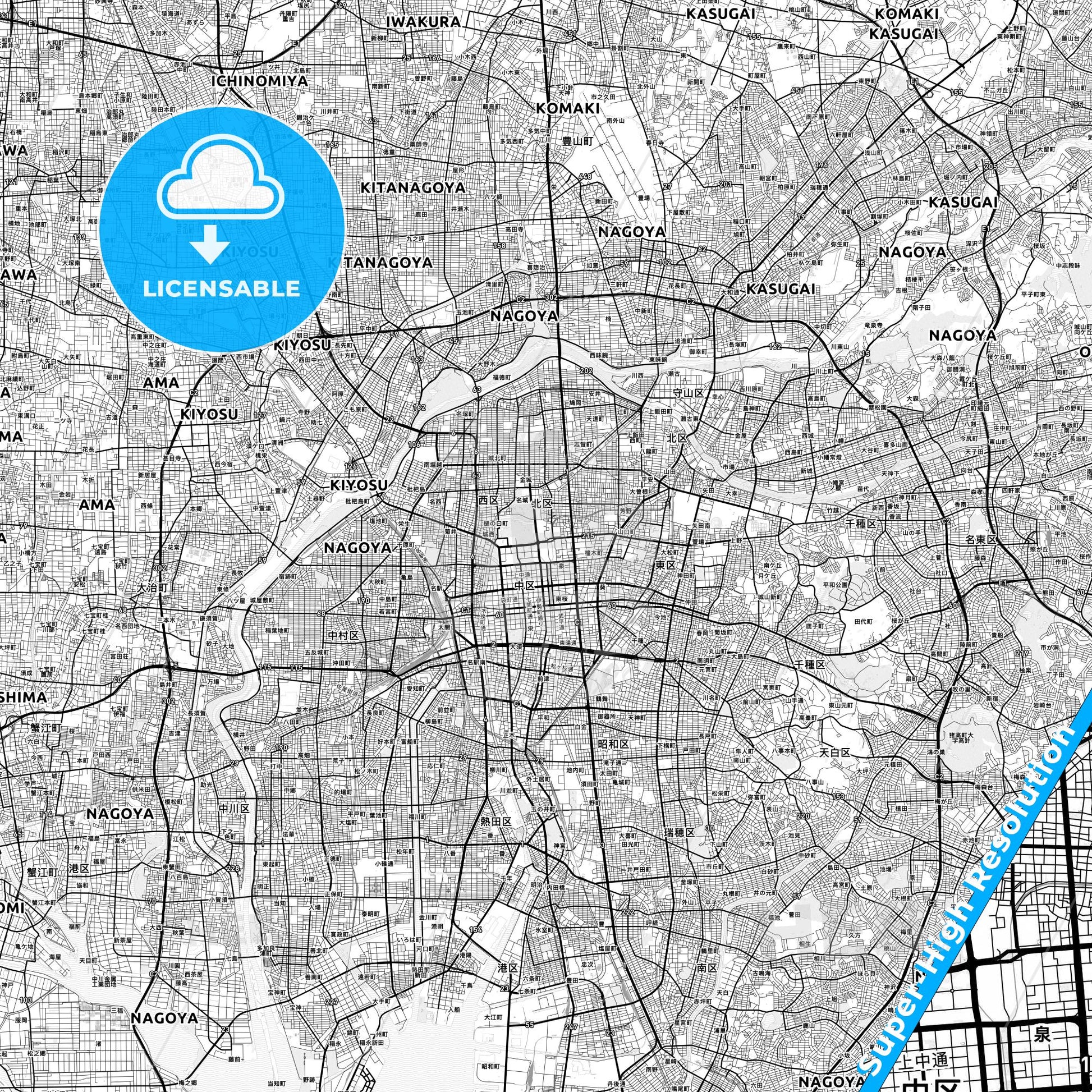 Nagoya, Japan light map with streetnames, citynames and districts
