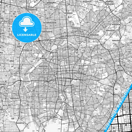 Nagoya, Japan light map with streetnames, citynames and districts
