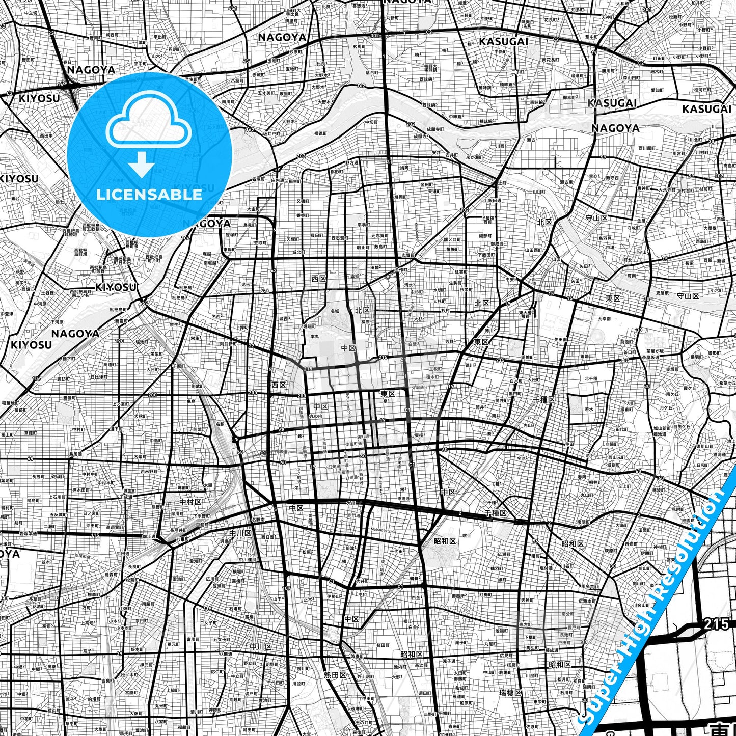 Nagoya, Japan Light Map with Street Names, City Names, and Districts