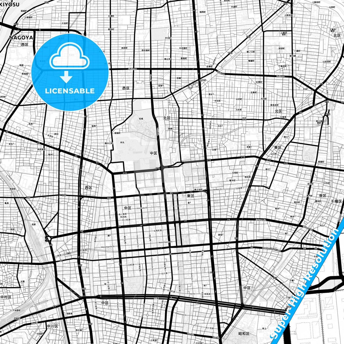 Nagoya, Japan Light Map with Street Names, City Names, and Districts