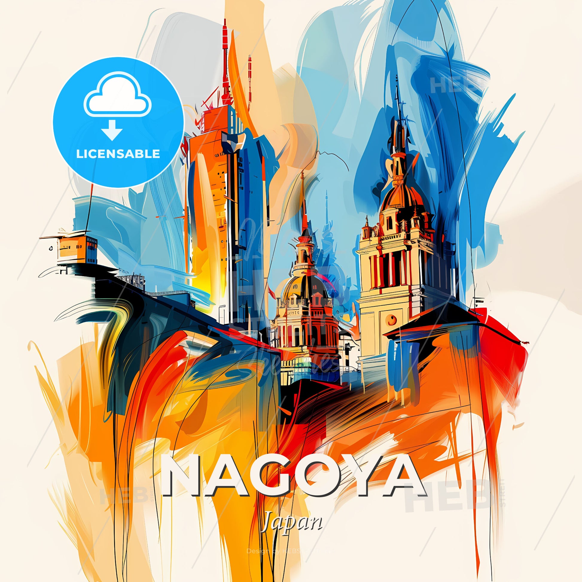 Vibrant Nagoya, Japan - A Painting Of A Building - Square format print template