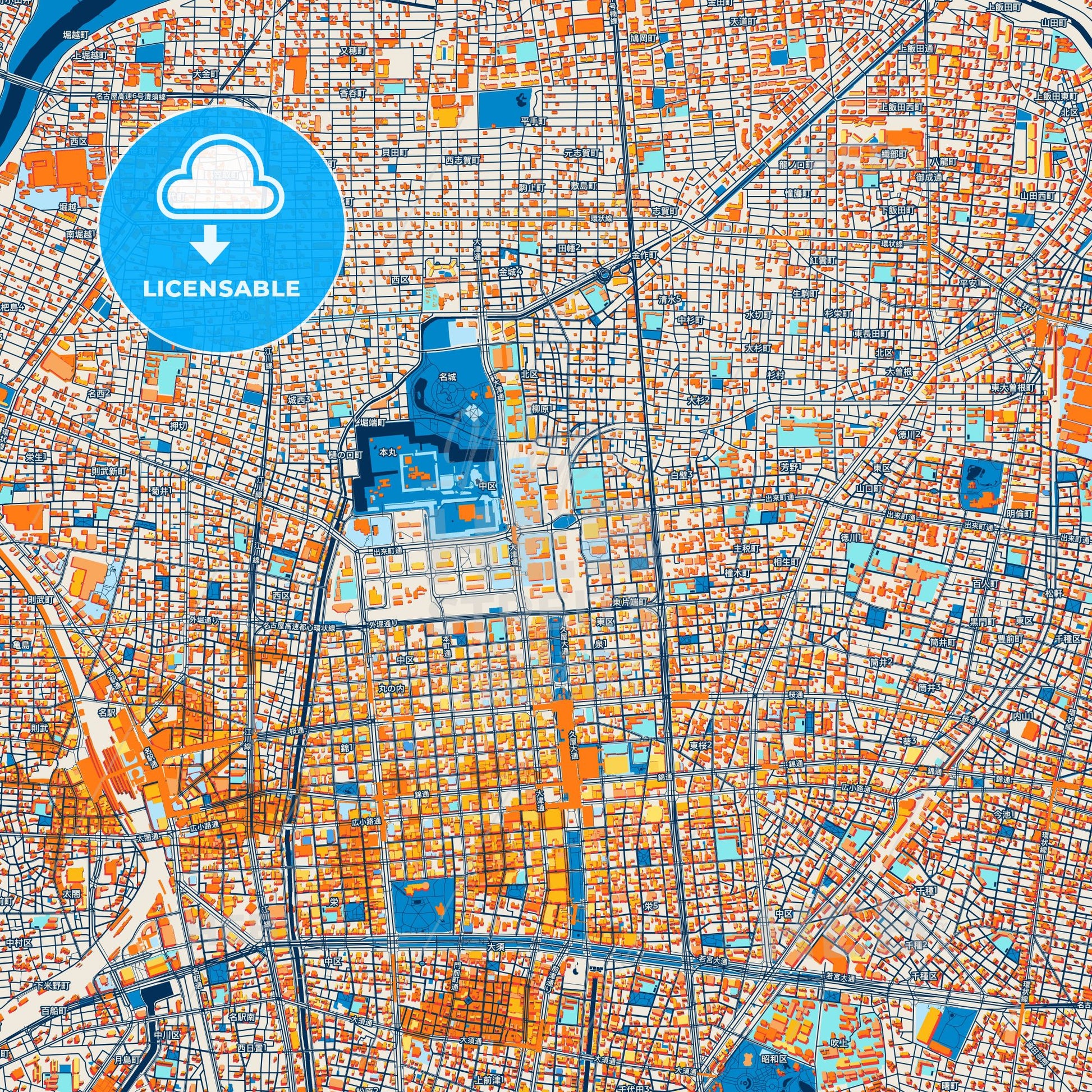 Colorful Nagoya Street Map with Labels and Buildings