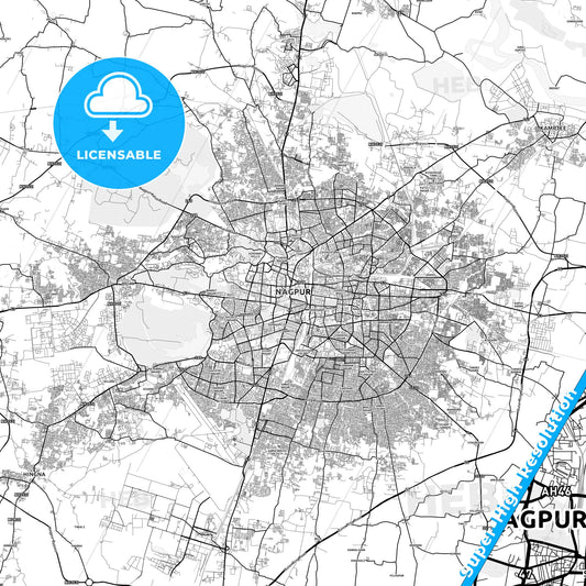 Nagpur, India light map with streetnames, citynames and districts