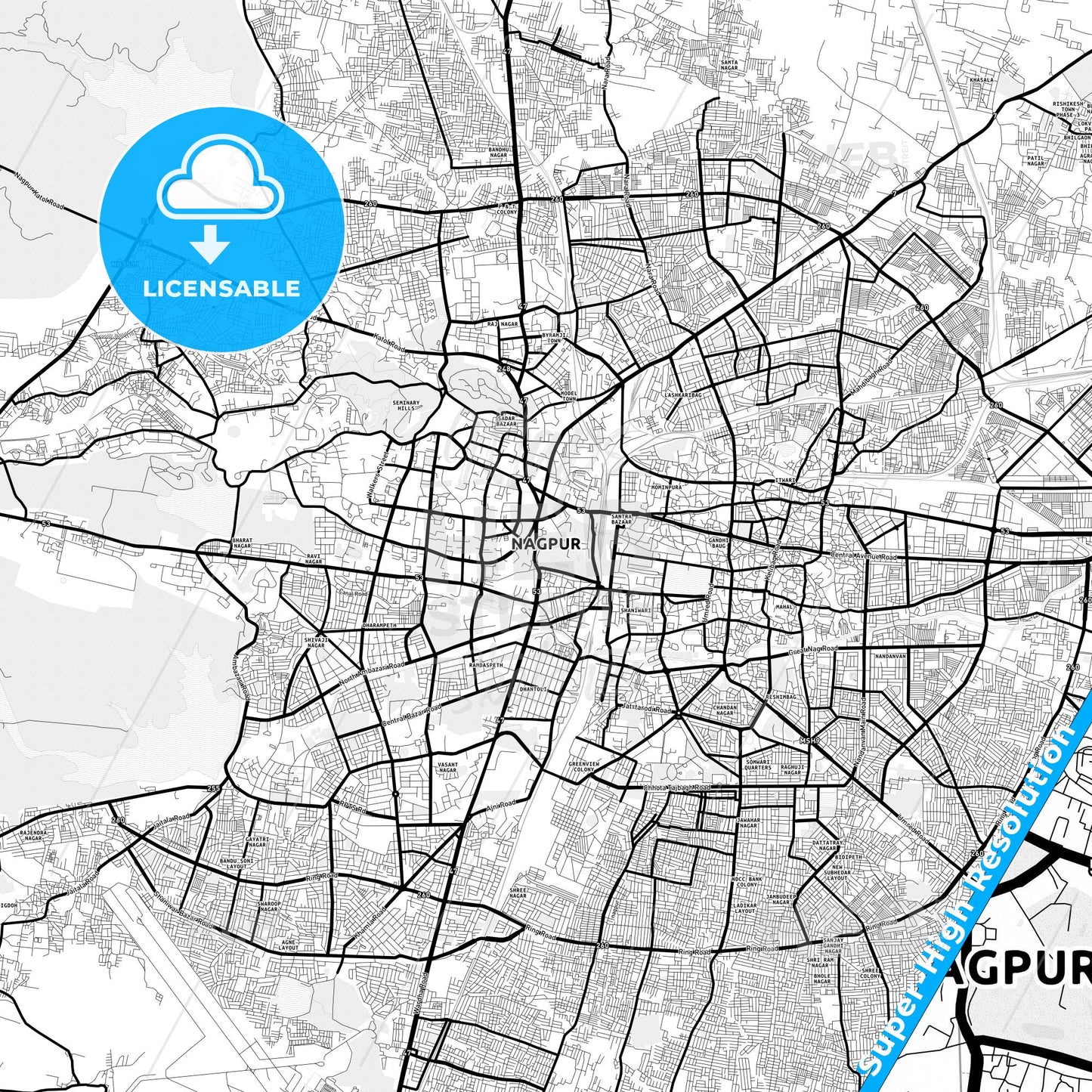 Nagpur, India Light Map with Street Names, City Names, and Districts