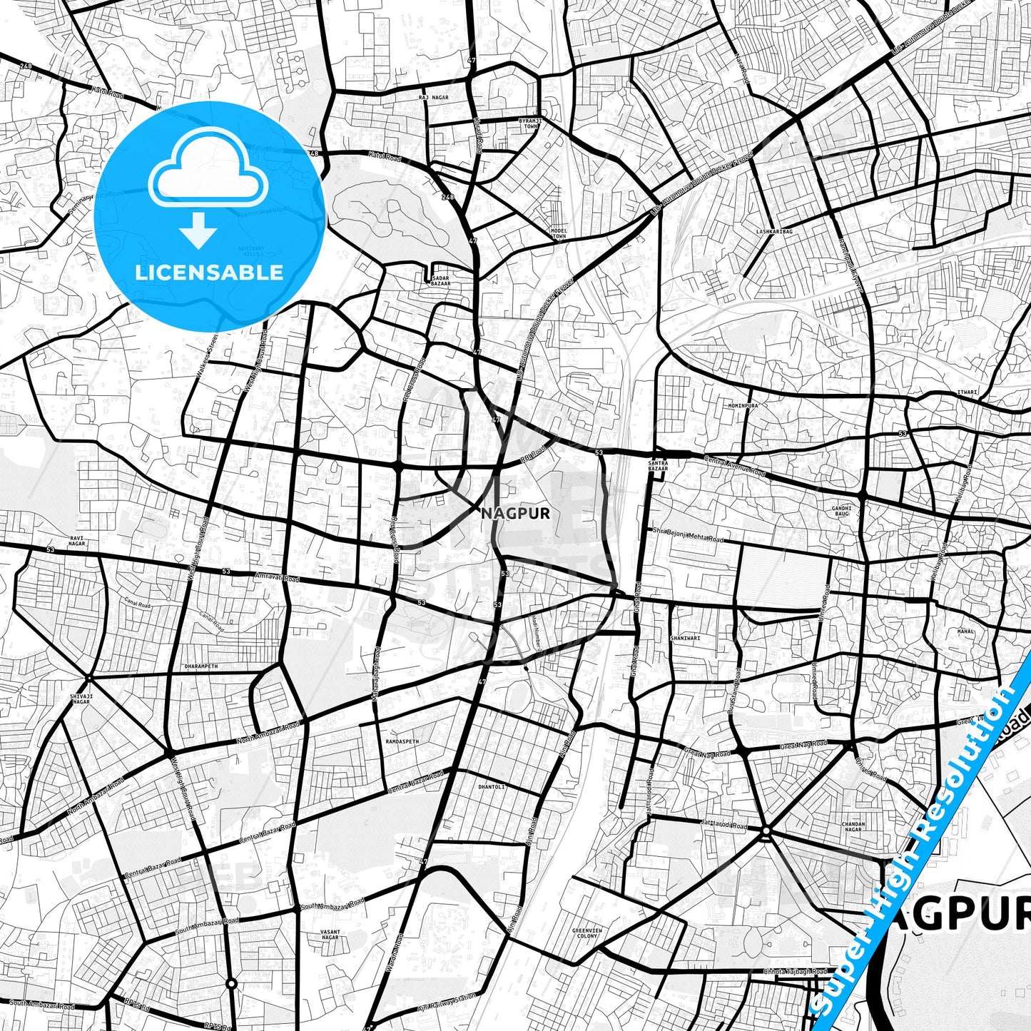 Nagpur, India Light Map with Street Names, City Names, and Districts