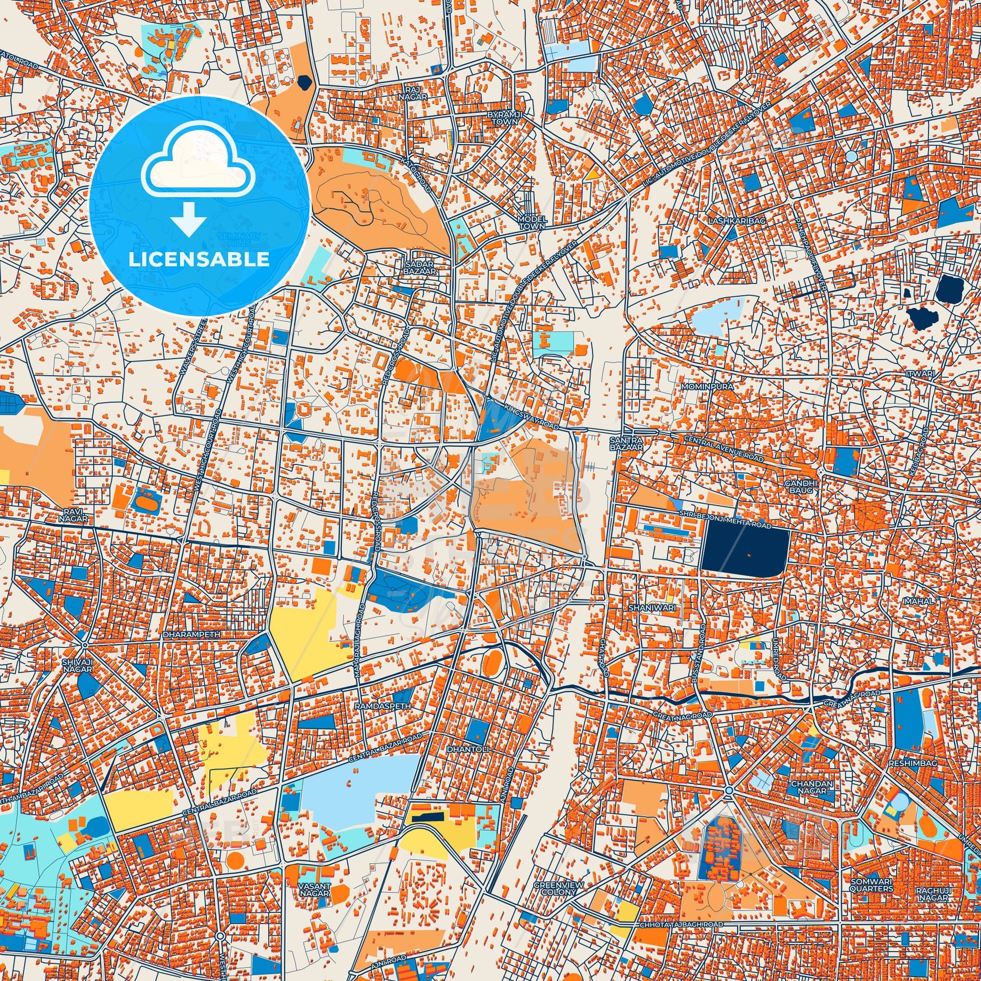 Colorful Nagpur Street Map with Labels and Buildings