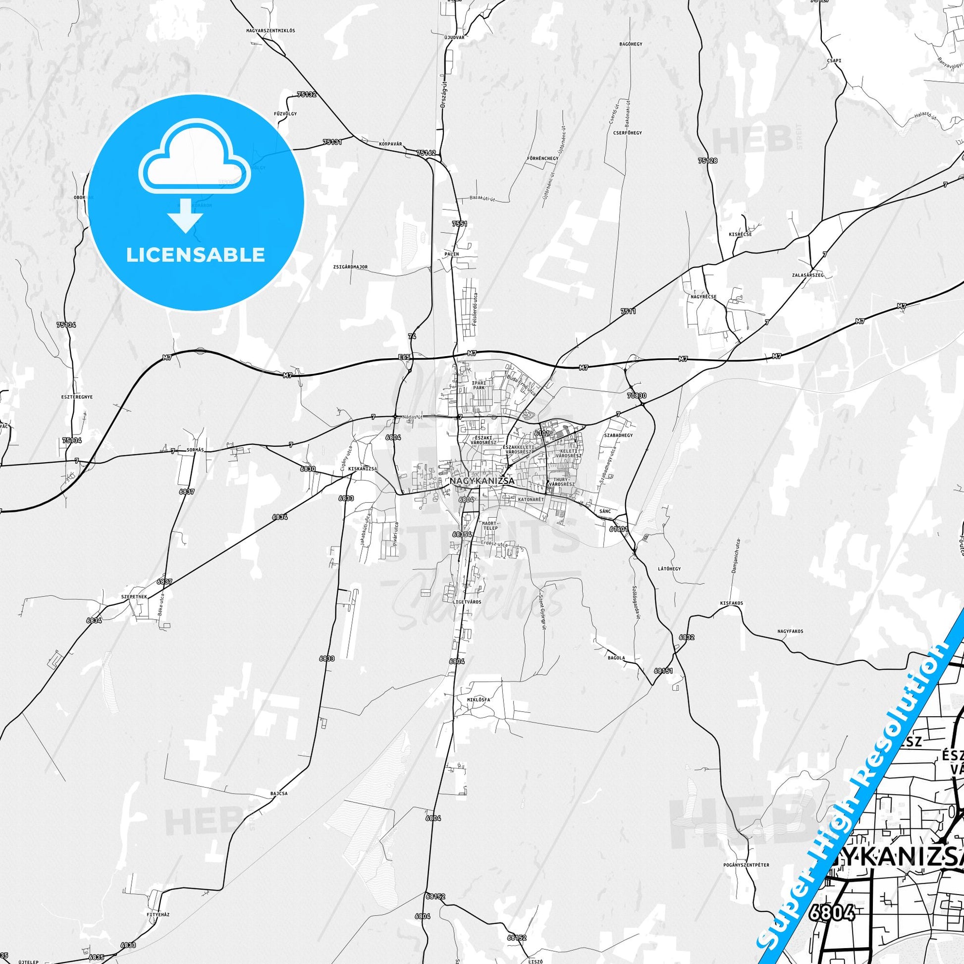 Nagykanizsa, Hungary light map with streetnames, citynames and districts