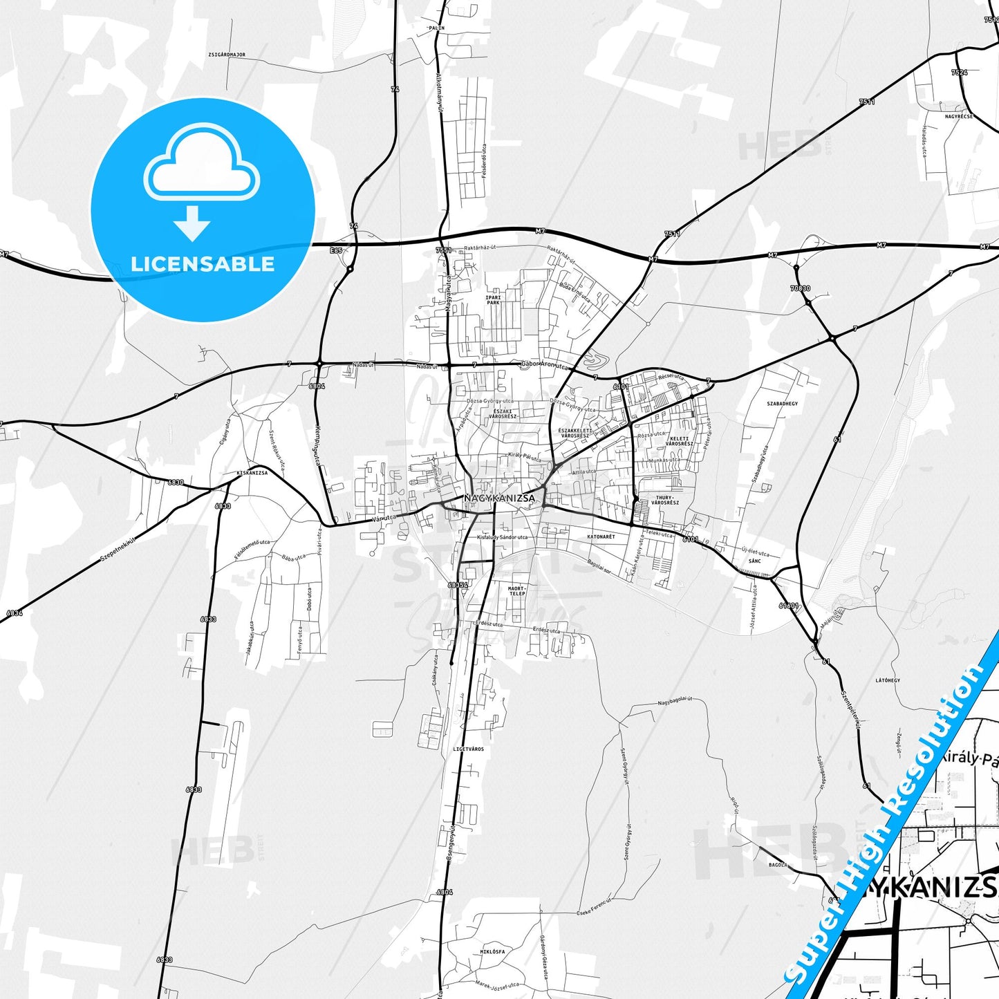 Nagykanizsa, Hungary Light Map with Street Names, City Names, and Districts