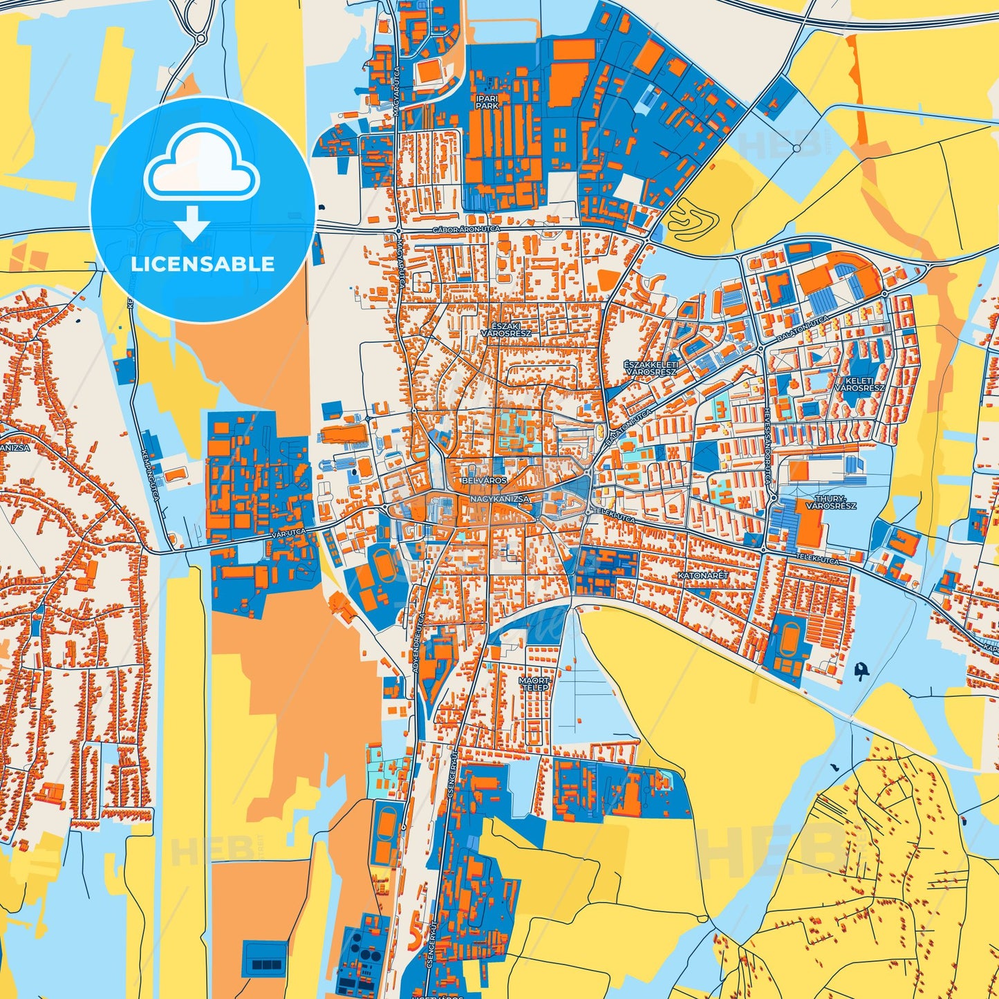 Colorful Nagykanizsa Street Map with Labels and Buildings