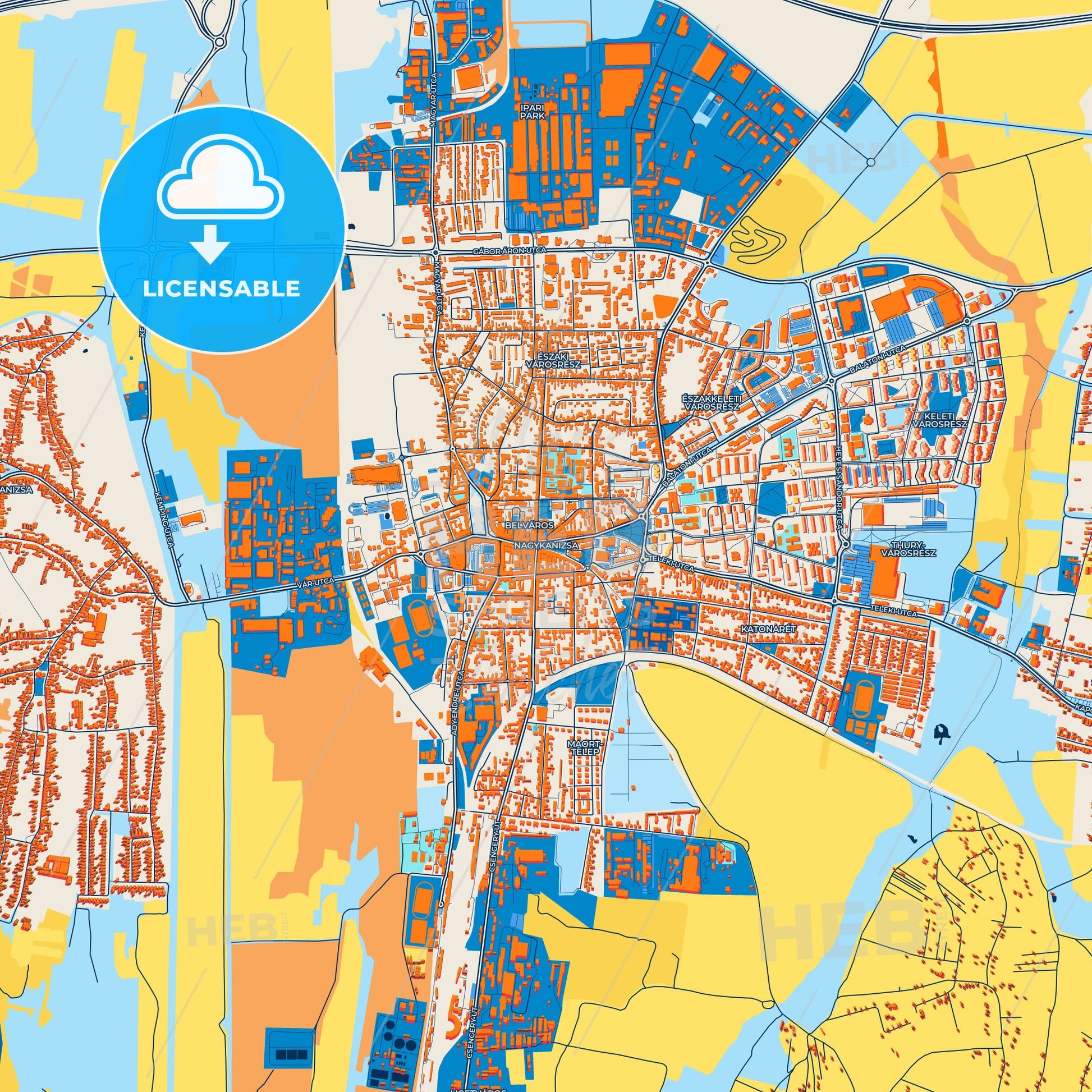 Colorful Nagykanizsa Street Map with Labels and Buildings