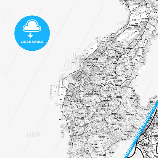 Naha, Japan light map with streetnames, citynames and districts