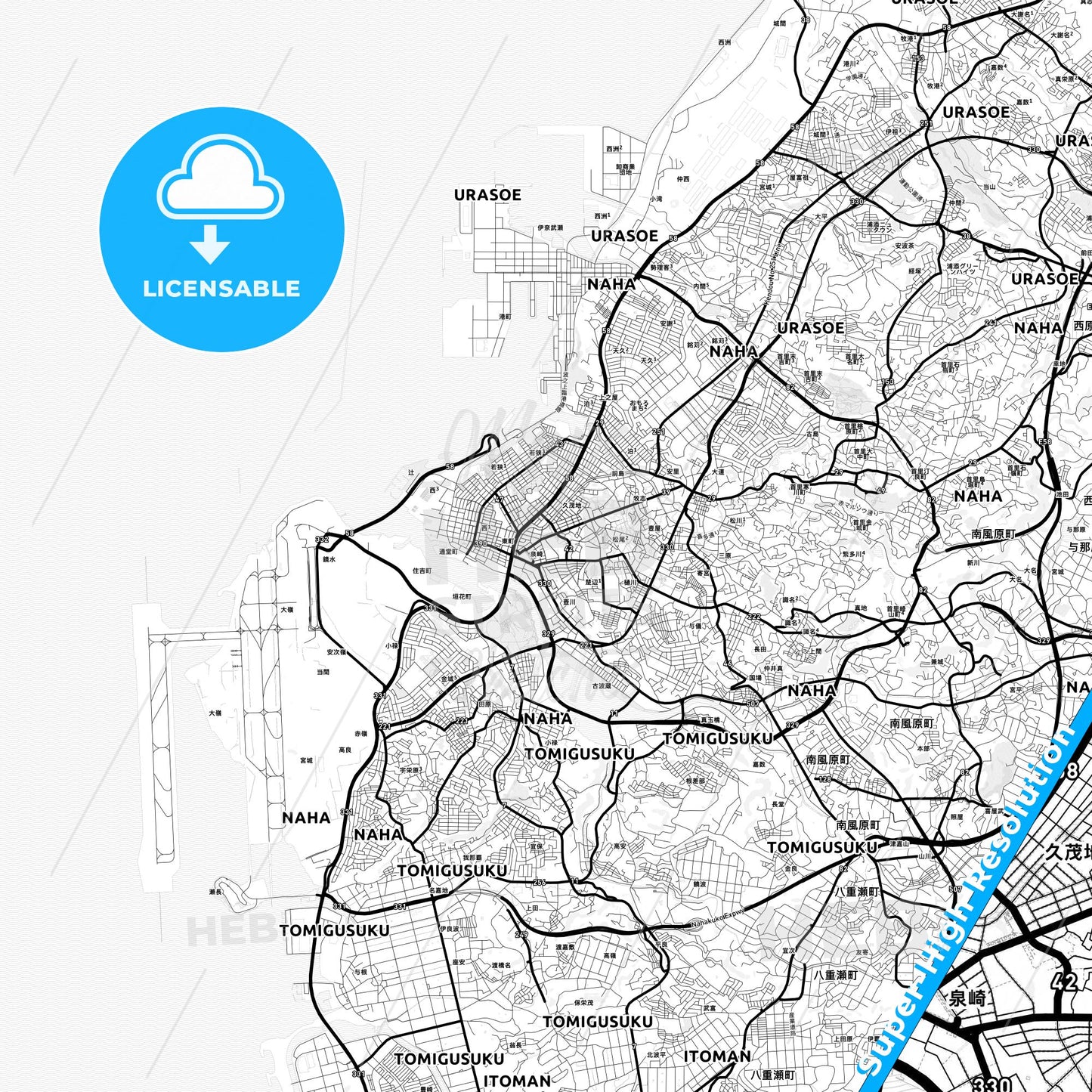 Naha, Japan Light Map with Street Names, City Names, and Districts