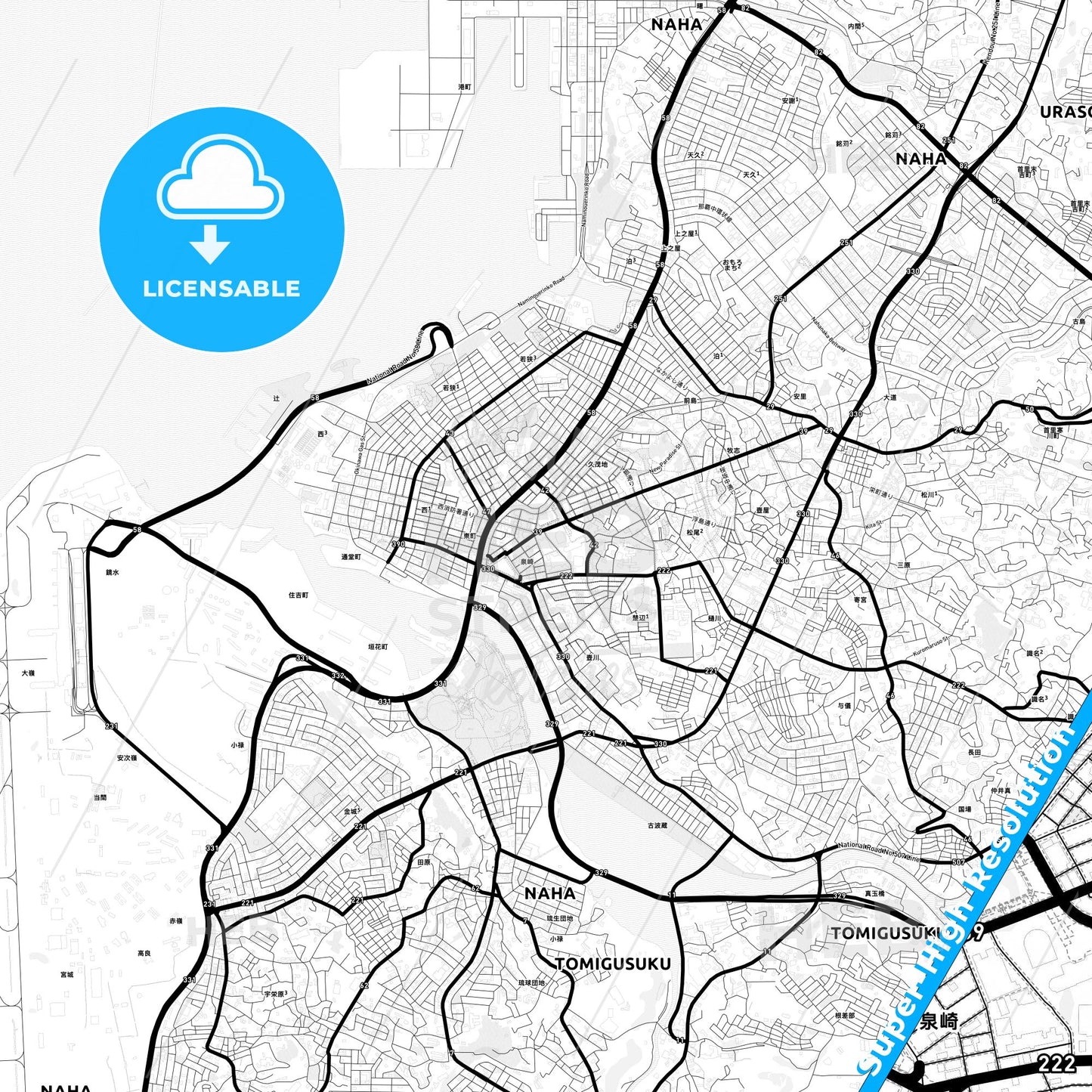 Naha, Japan Light Map with Street Names, City Names, and Districts