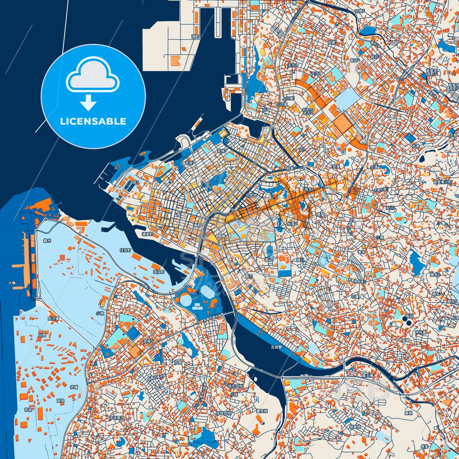Colorful Naha Street Map with Labels and Buildings