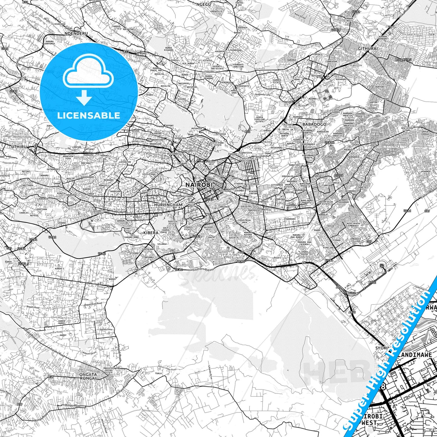 Nairobi, Kenya light map with streetnames, citynames and districts