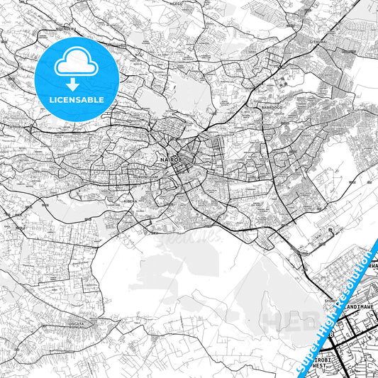 Nairobi, Kenya light map with streetnames, citynames and districts