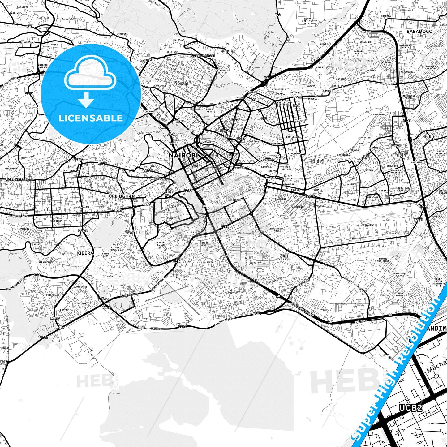 Nairobi, Kenya Light Map with Street Names, City Names, and Districts