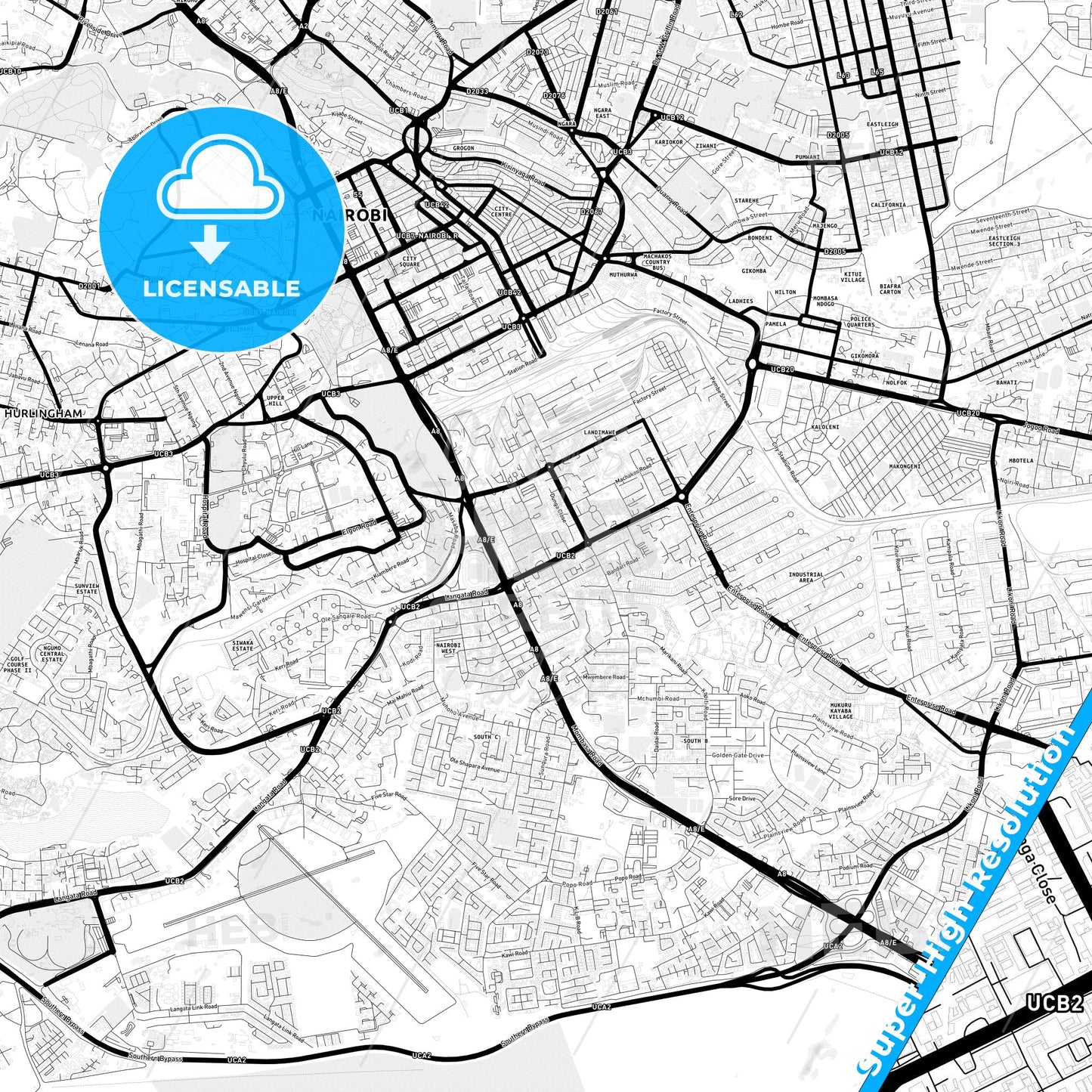 Nairobi, Kenya Light Map with Street Names, City Names, and Districts