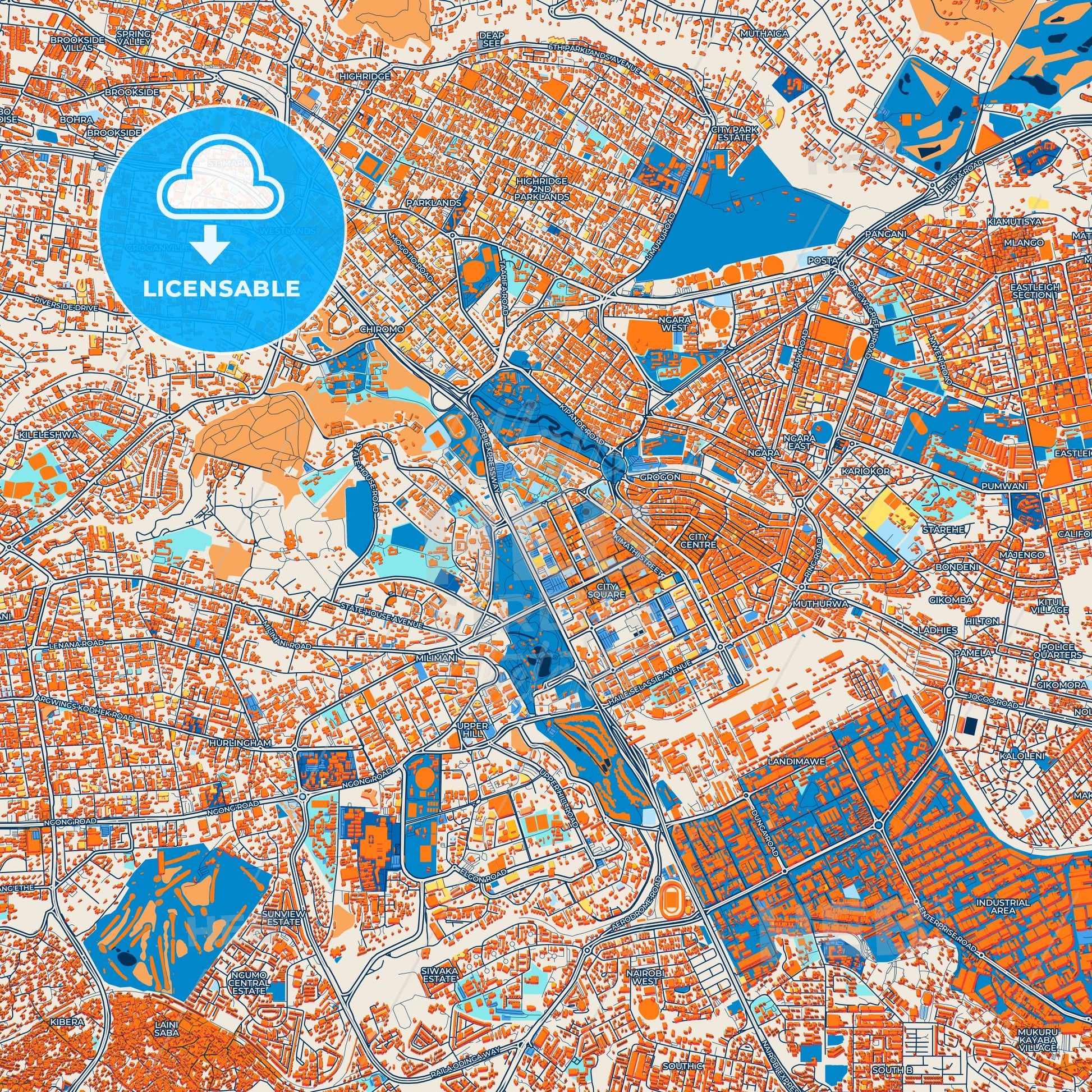 Colorful Nairobi Street Map with Labels and Buildings