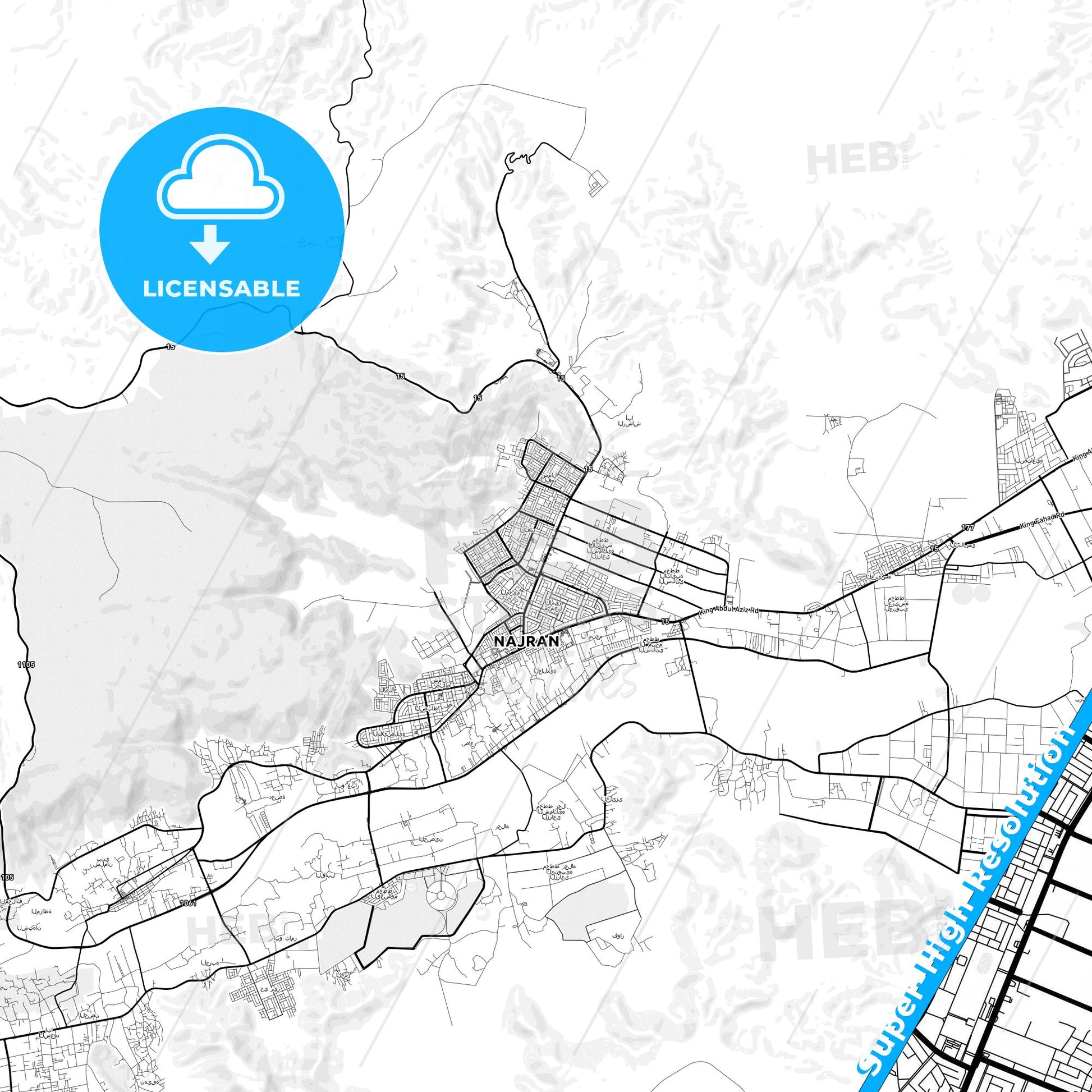 Najran, Saudi Arabia light map with streetnames, citynames and districts