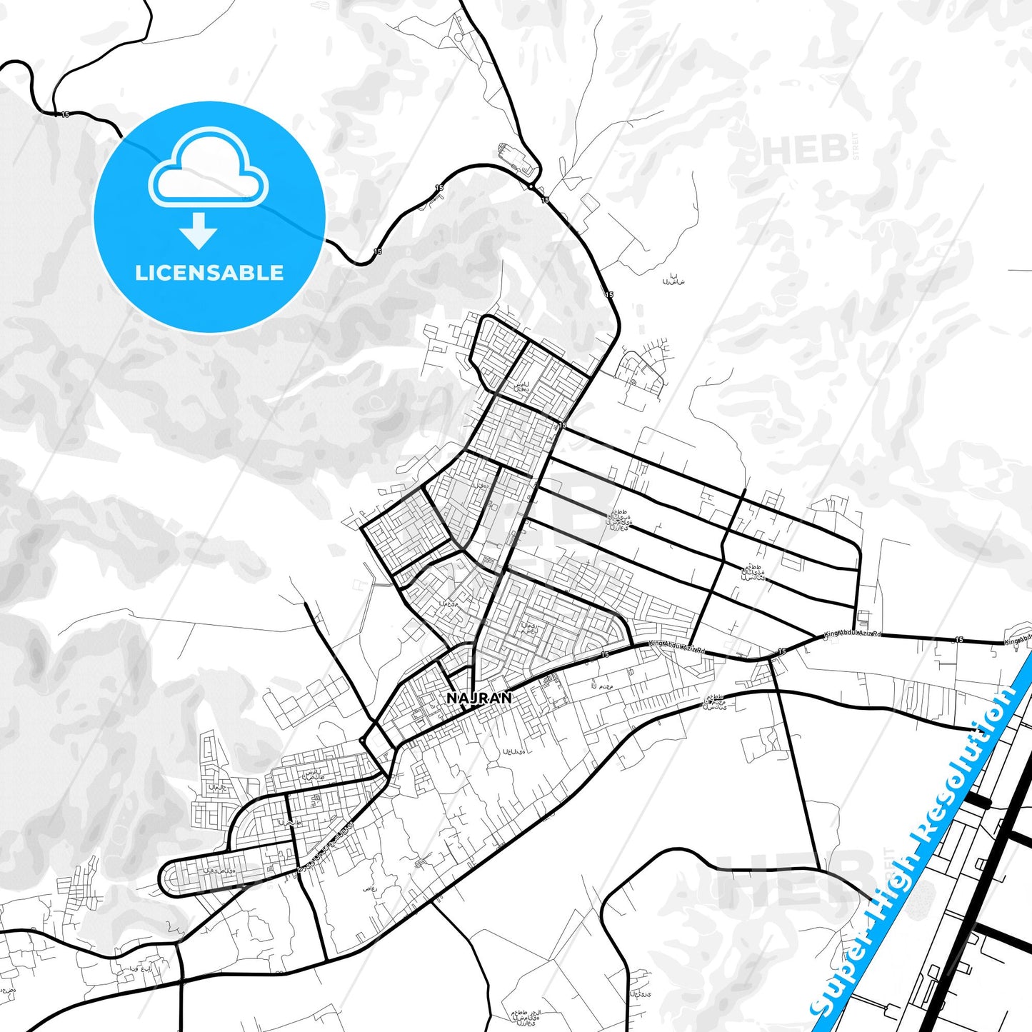 Najran, Saudi Arabia Light Map with Street Names, City Names, and Districts