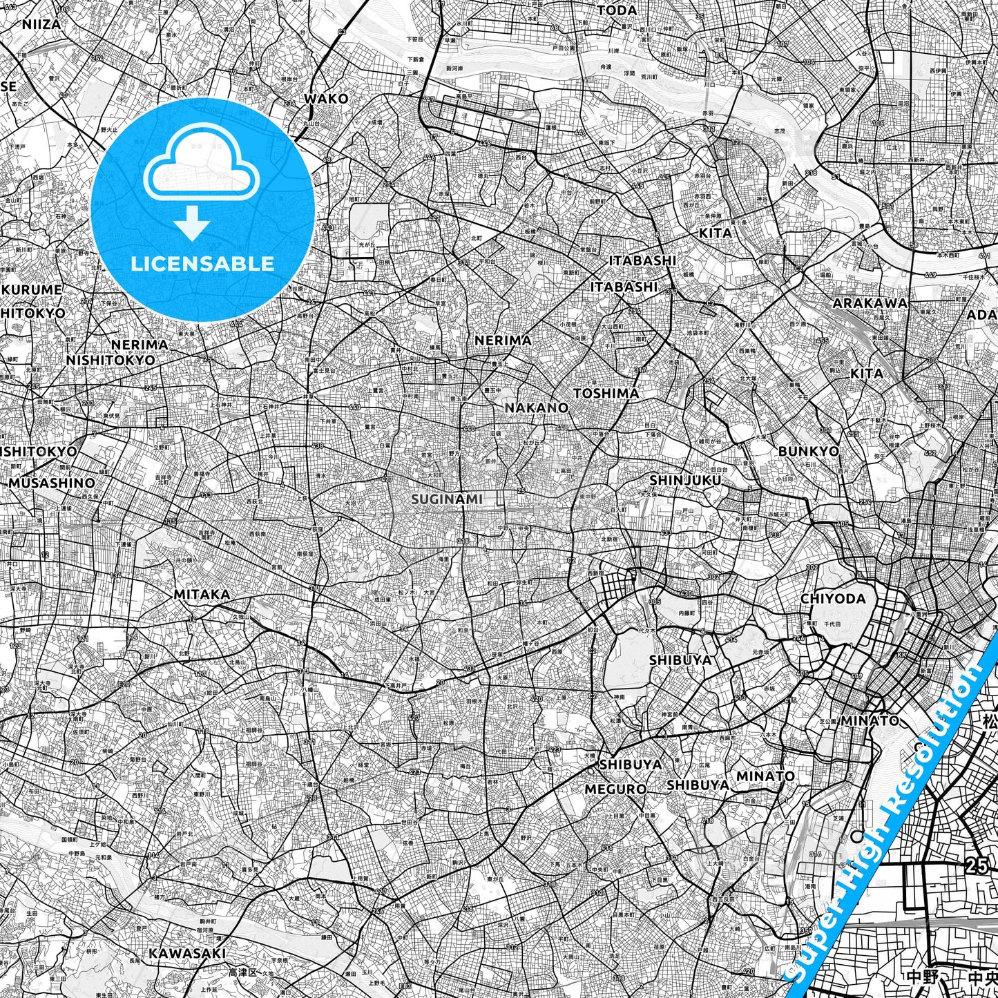 Nakano, Japan light map with streetnames, citynames and districts