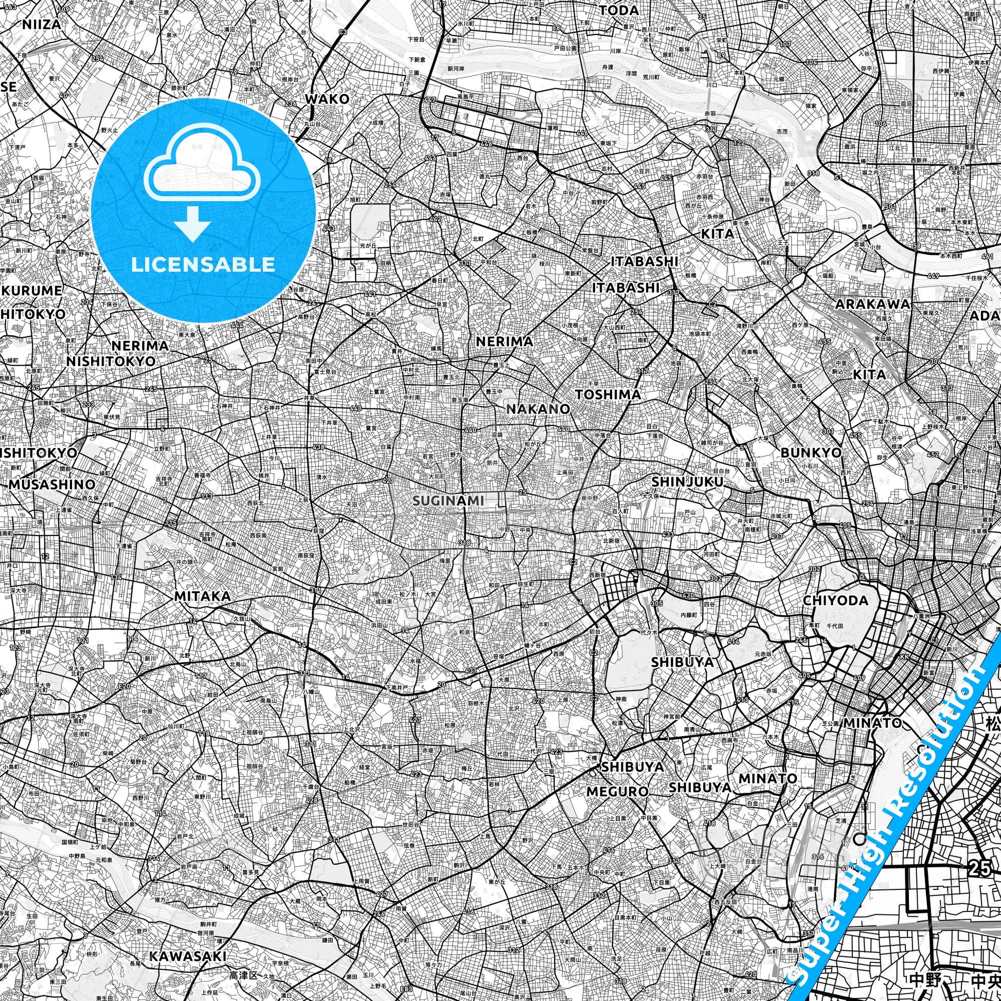 Nakano, Japan light map with streetnames, citynames and districts