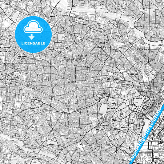 Nakano, Japan light map with streetnames, citynames and districts