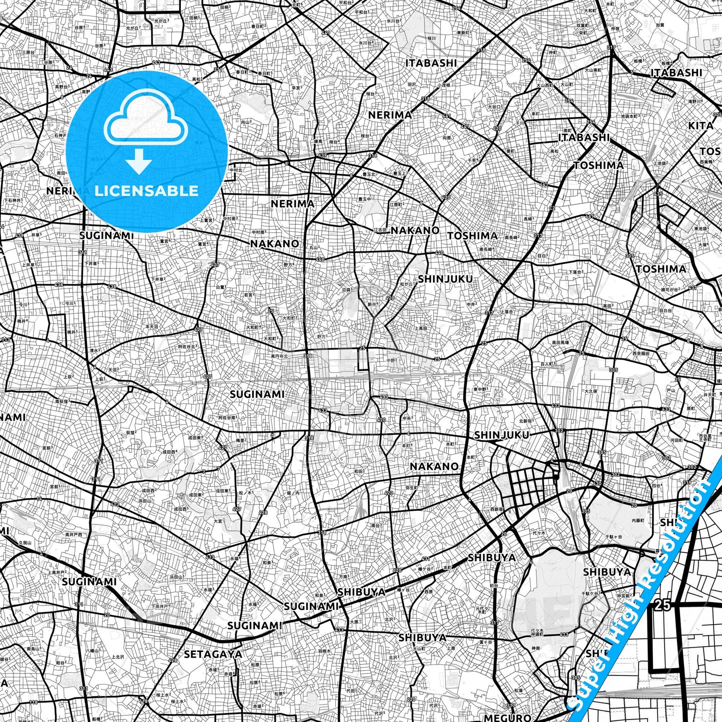 Nakano, Japan Light Map with Street Names, City Names, and Districts