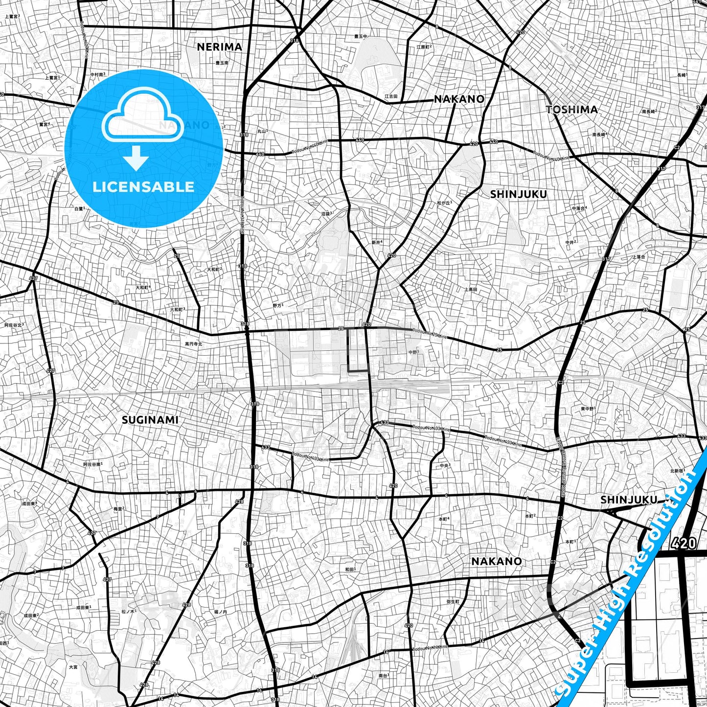 Nakano, Japan Light Map with Street Names, City Names, and Districts